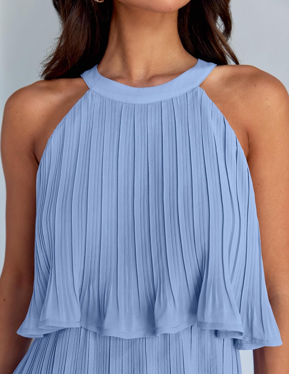 ZESICA Women's 2026 Summer Halter Dresses Sleeveless Ruffle Tiered Layered Chiffon Pleated A Line Swing Mini Dress - Image 4