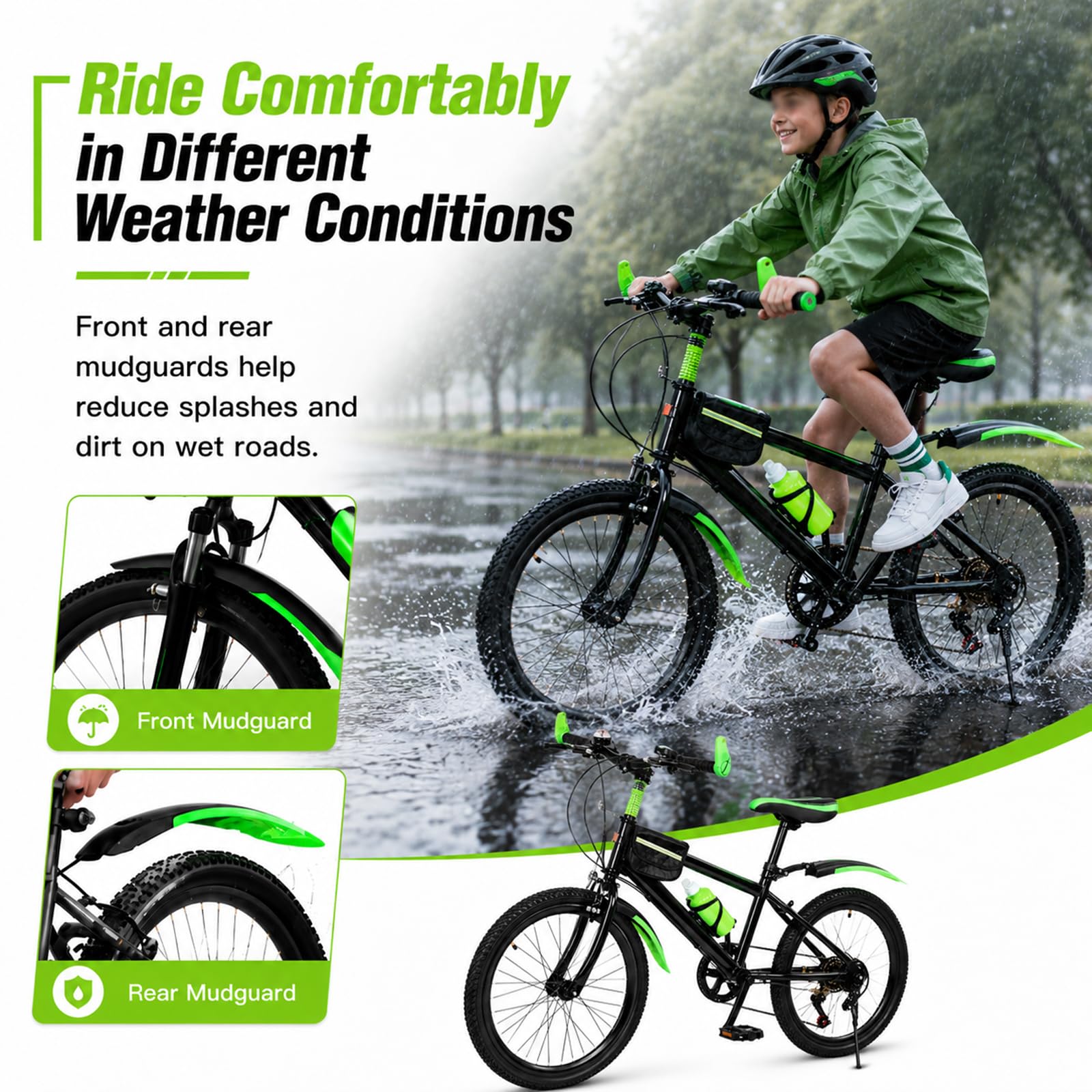 Vélo pour enfant de 20 pouces, VTT, vélo avec garde-boue, bouteille d'eau et clochette, cadre robuste en acier au carbone, pour garçons et filles de 8 à 12 ans, pour