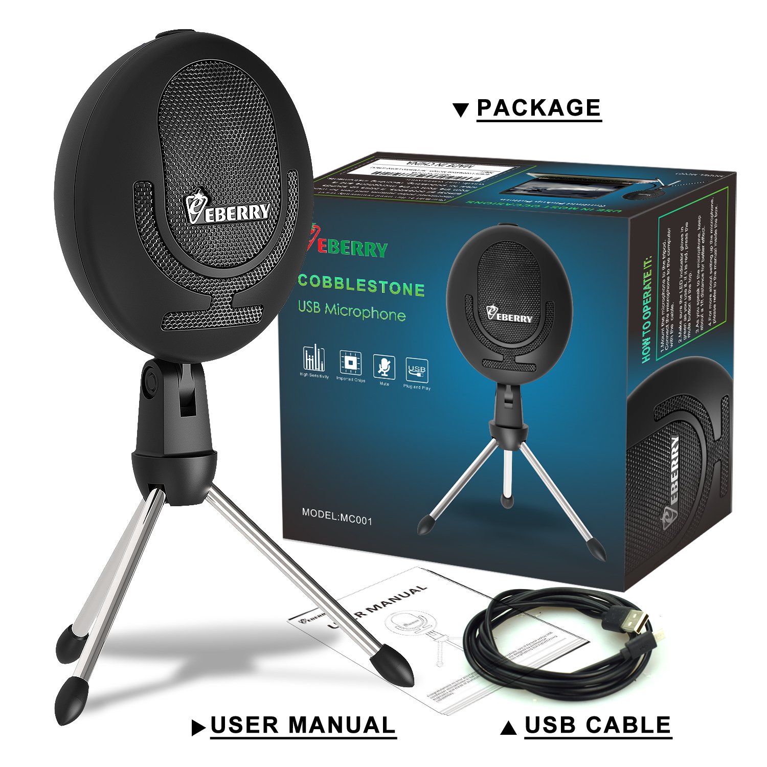 Illustration of the eBerry Cobblestone USB Microphone's detachable tripod stand, showing how it connects to the microphone.