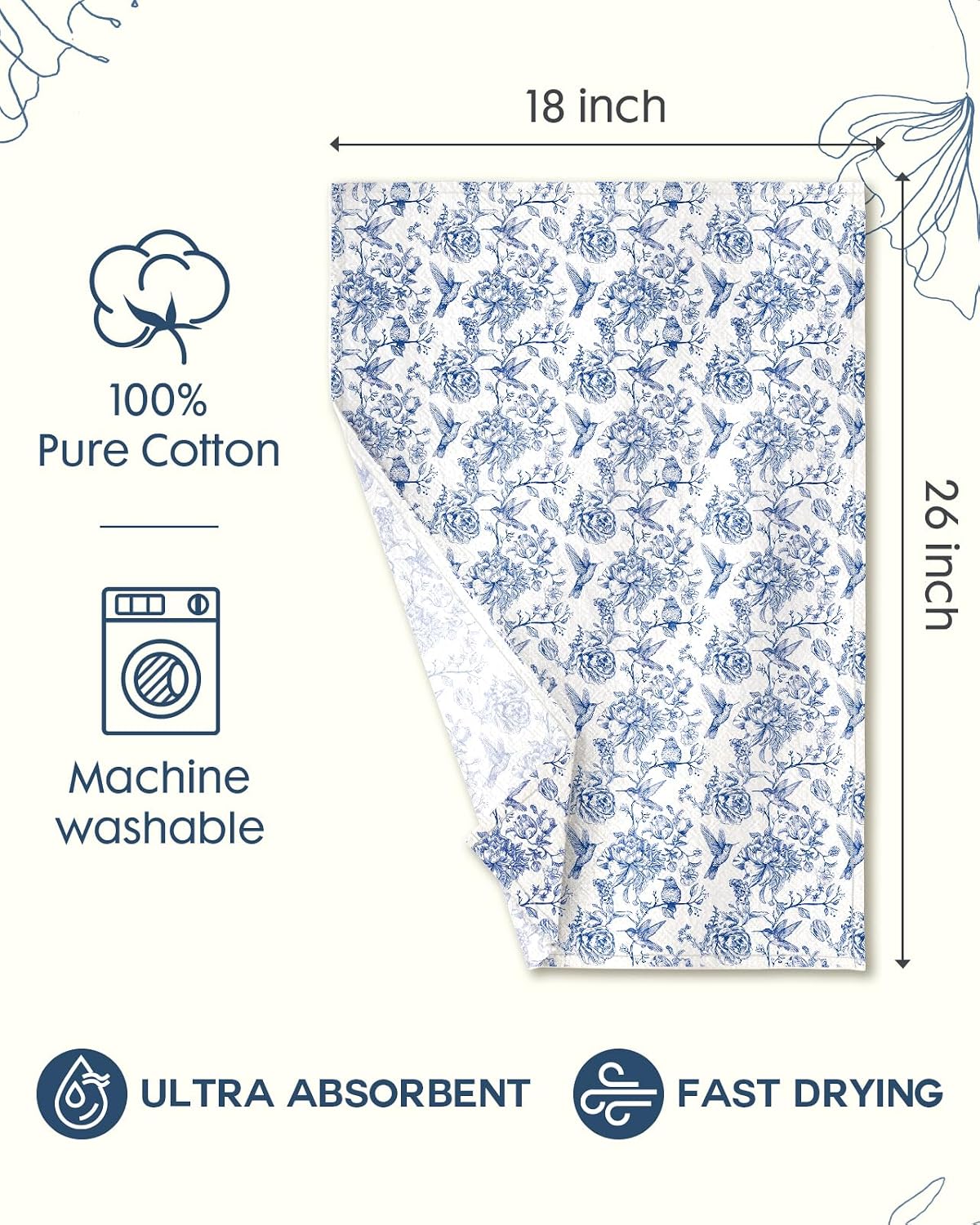 Miss Adola Flour Sack Kitchen Towels - Set of 2 Chinoiserie Dish Towels with Hanging Loop 18x26 Inch Absorbent Decorative Cotton Tea Towel Blue and White Dishcloths for Cleaning, Bird Flower