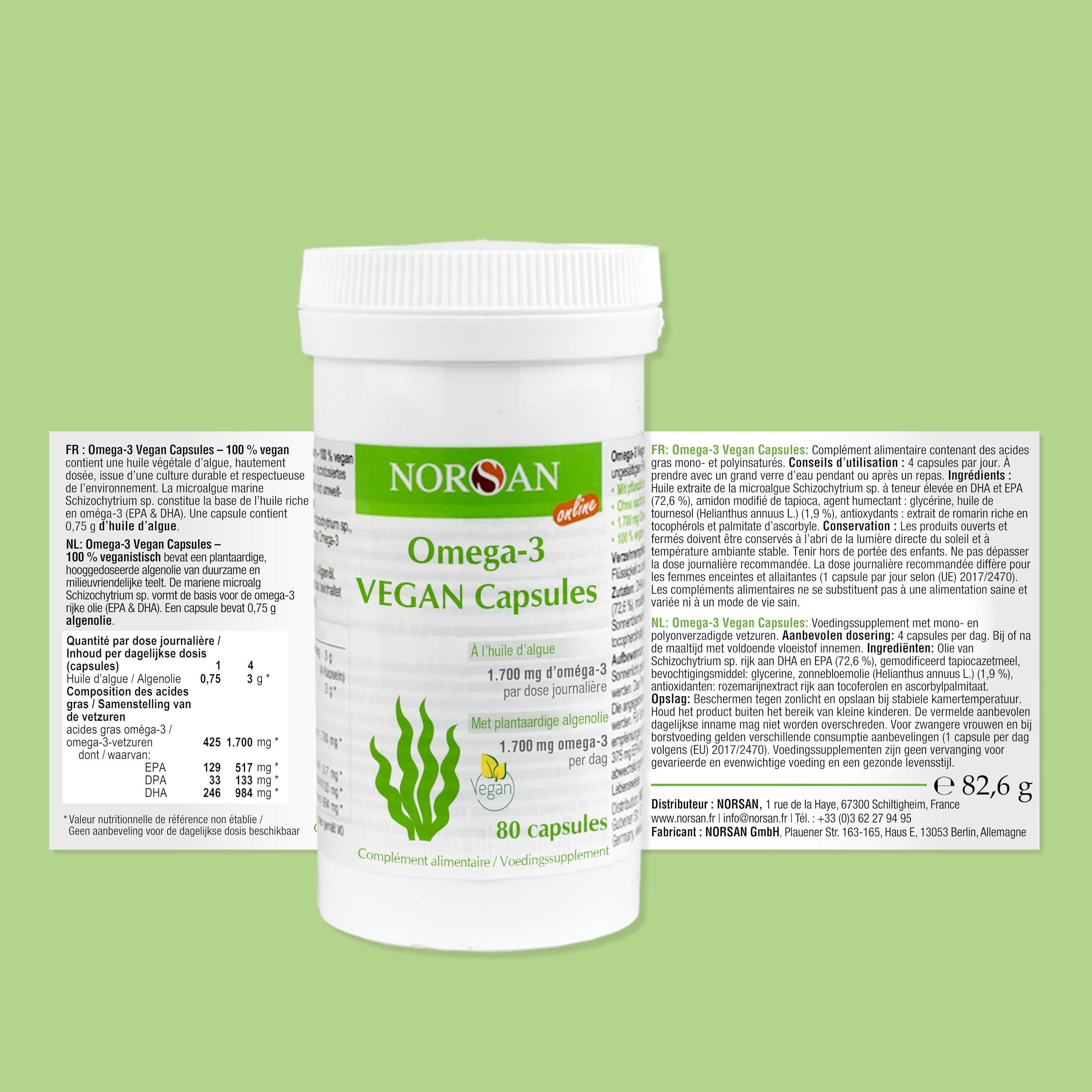 NORSAN Premium omega 3 vegan capsules 80 pièces / 1.700mg oméga 3 par dose journalière / omega3 végétalien avec 420 mg d'EPA & 840mg de DHA/vegan omega 3 issu de l'agriculture durable | 1 700 mg Omega 3 EPA DHA à partir d'algues - Sans reflux - Algues dur