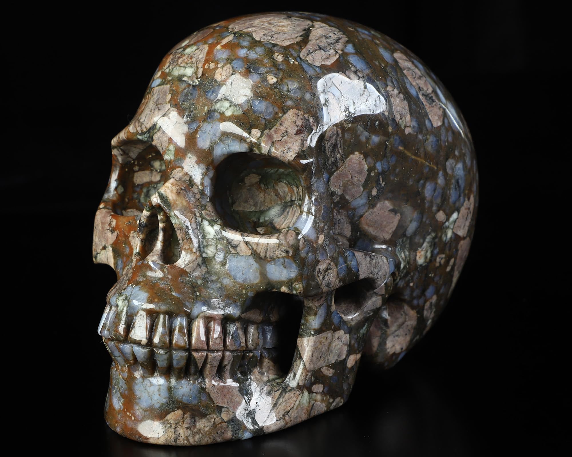 Skullis 5.0” Que Sera Stone Crystal Skull, Hand Carved Gemstone Fine Art Sculpture, Reiki Healing Stone Statue.3292.