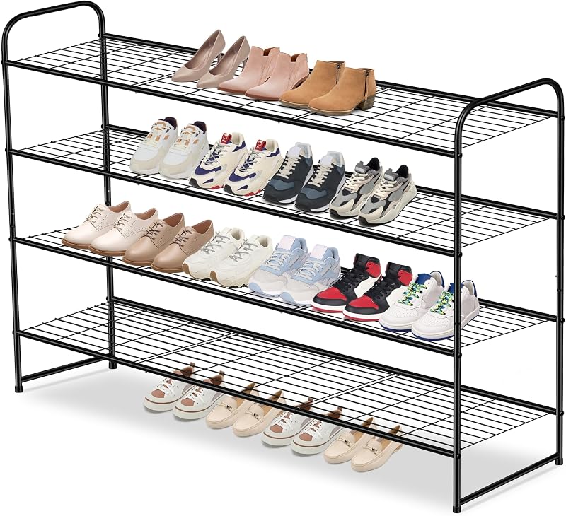 AOODA 4 Tier Long Metal Shoe Rack for Closet Wide Stackable Shoe Storage Organizer for Entryway, Bedroom, Floor, Holds 30 Pairs Men Sneakers Large Boot Shelf with Wire Grid, Black