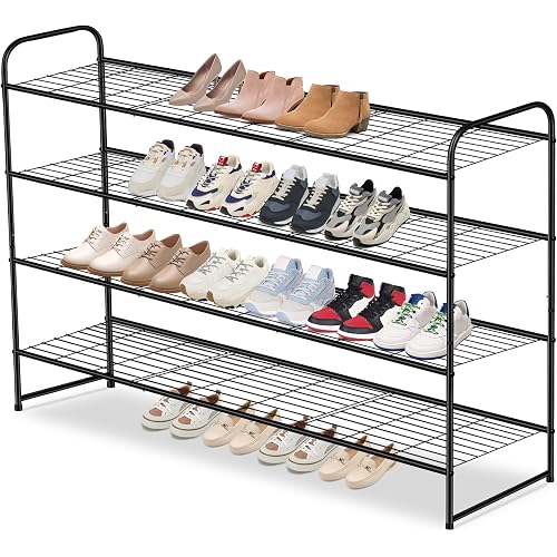 AOODA 4 Tier Long Metal Shoe Rack for Closet Wide Stackable Shoe Storage Organizer for Entryway, Bedroom, Floor, Holds 30 Pairs Men Sneakers Large Boot Shelf with Wire Grid, Black