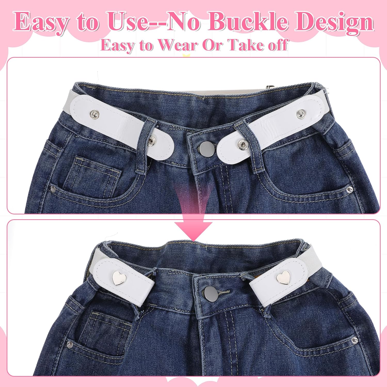 Gjinxi 2pcs Girls Pants Belt Elastic Heart-Shaped Jeans Waist Belt Buckle | No Buckle Free Elegant Causal Stretch, Cute Heart Adjustable Belt, Wide Waistbelt Dress Decorative, Waistbelts for Teen Women