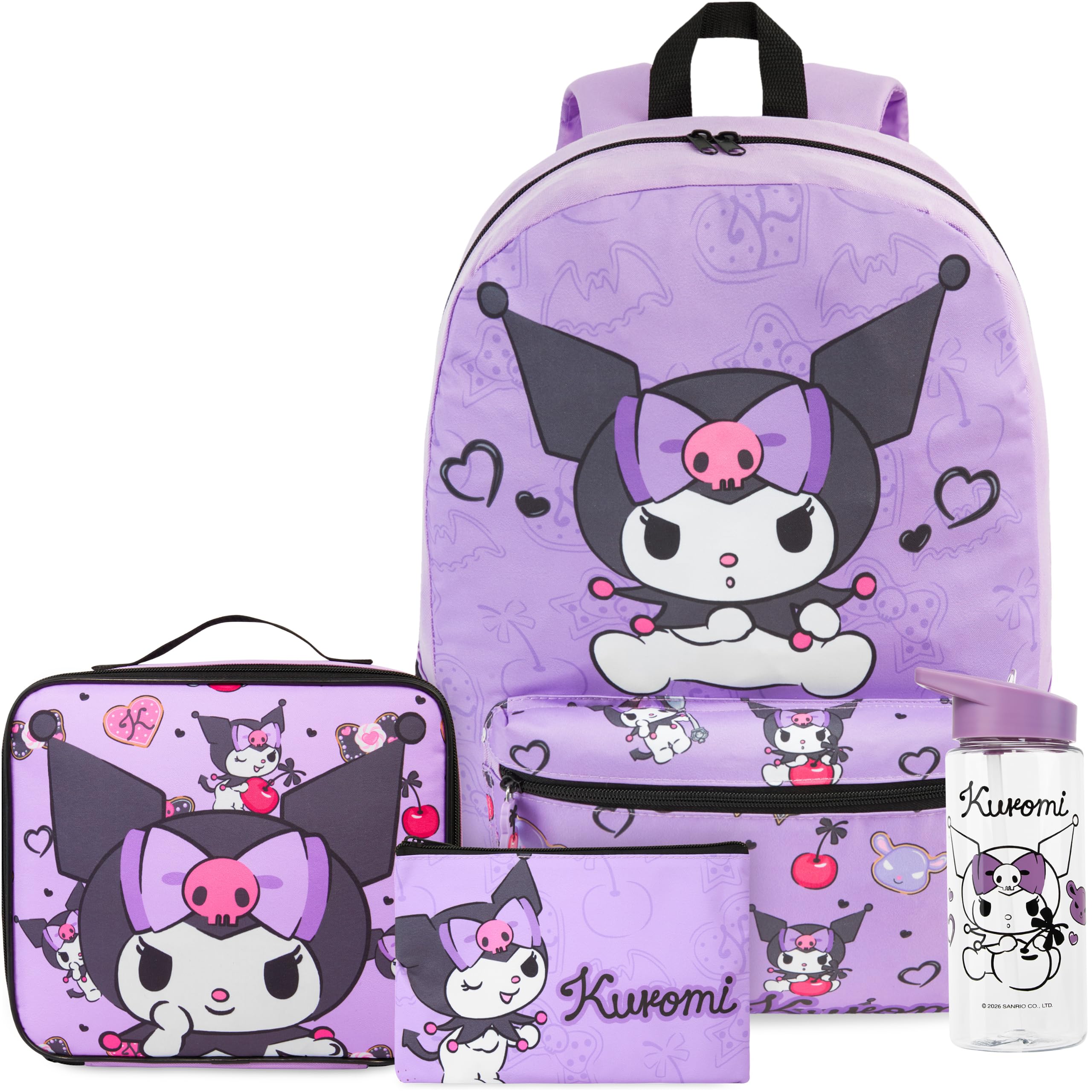 Get Trend Hello Kitty Kuromi Sac a Dos Fille Set, 4Pcs Grand Cartable, Trousse Scolaire, Sac Isotherme Repas et 500ml sans BPA Gourde Air Up (Violet Kuromi)