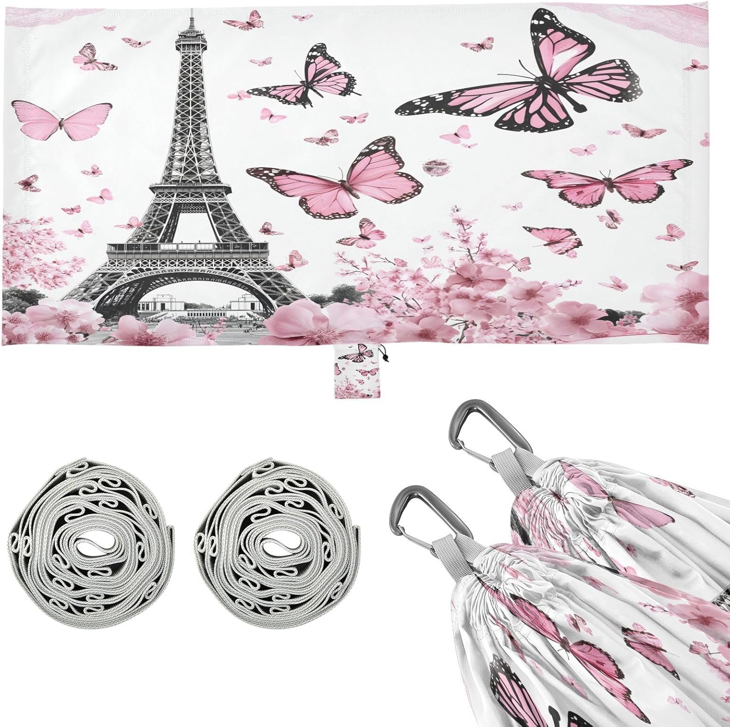 ALAZA Eiffel Tower Butterfly Camping Hammocks Single or 2 Person 500 lbs Portable Parachute Travel Hammock w/Tree Straps for Hiking Backpacking Indoor Outdoor