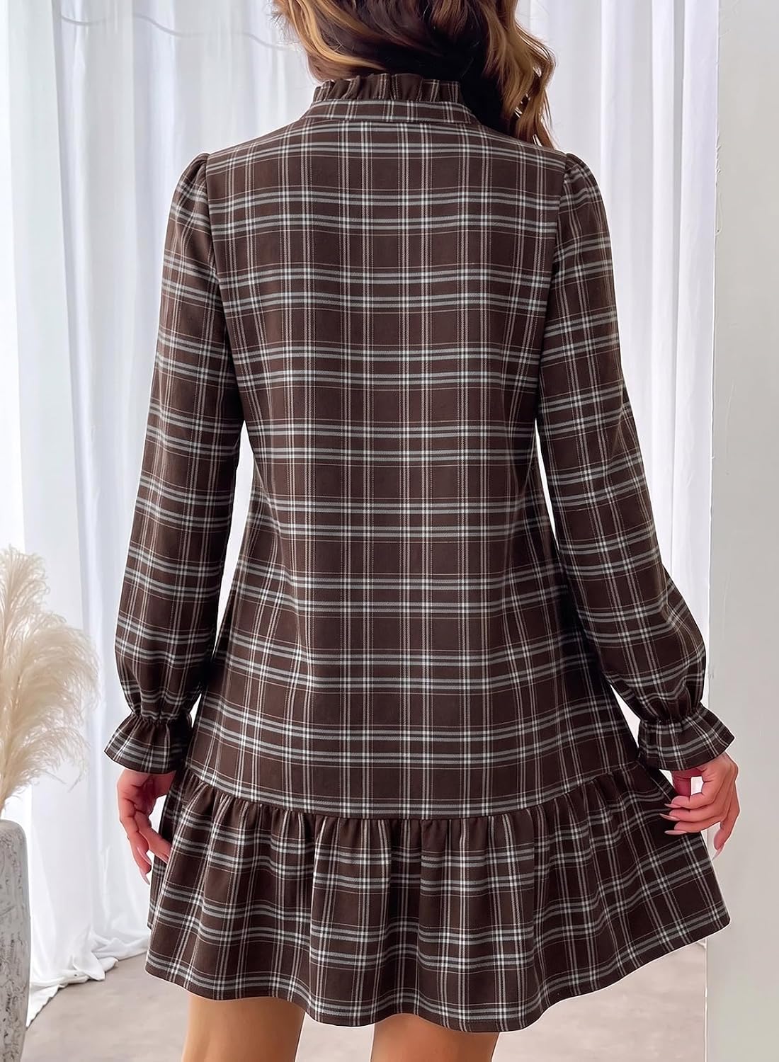 Dokotoo Fall Dresses for Women Long Sleeve Ruffled Button Down Plaid Dress image 2
