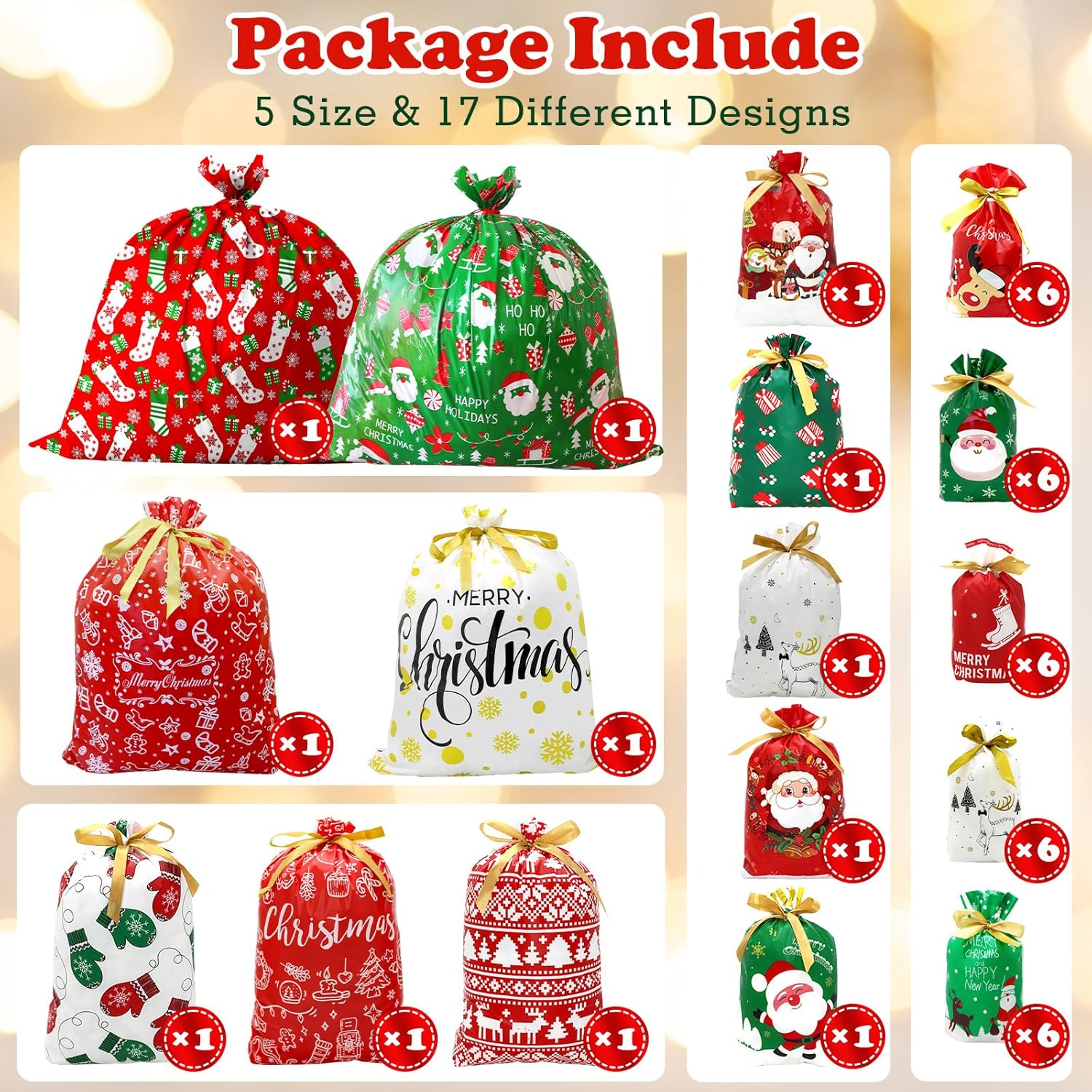 Pseutio 42 PCS Christmas Drawstring Gift Bags Assorted Sizes Drawstring Christmas Bags for Gifts with Rope for Xmas Holiday Presents Party Favor