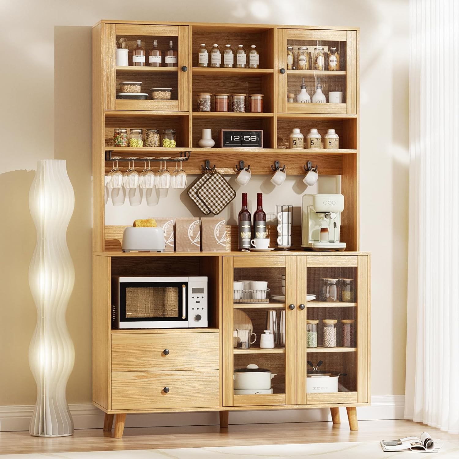 VOWNER Kitchen Hutch Storage Cabinet Microwave Shelf, Freestanding Pantry with 4 Glass Doors and 2 Drawers, Modern Sideboard Buffet Cabinet for Kitchen, Dining Room, Living Room, Wood
