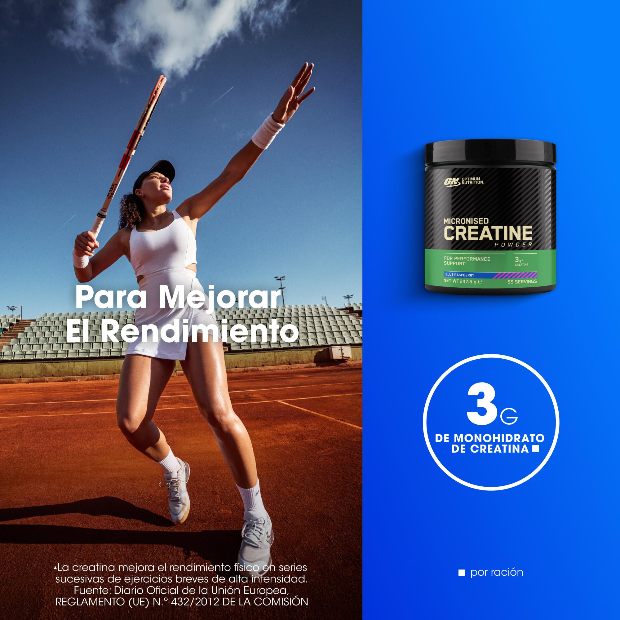 Optimum Nutrition Creatina Micronizada en Polvo, Sabor Frambuesa Azul, 360g, 80 Servicios