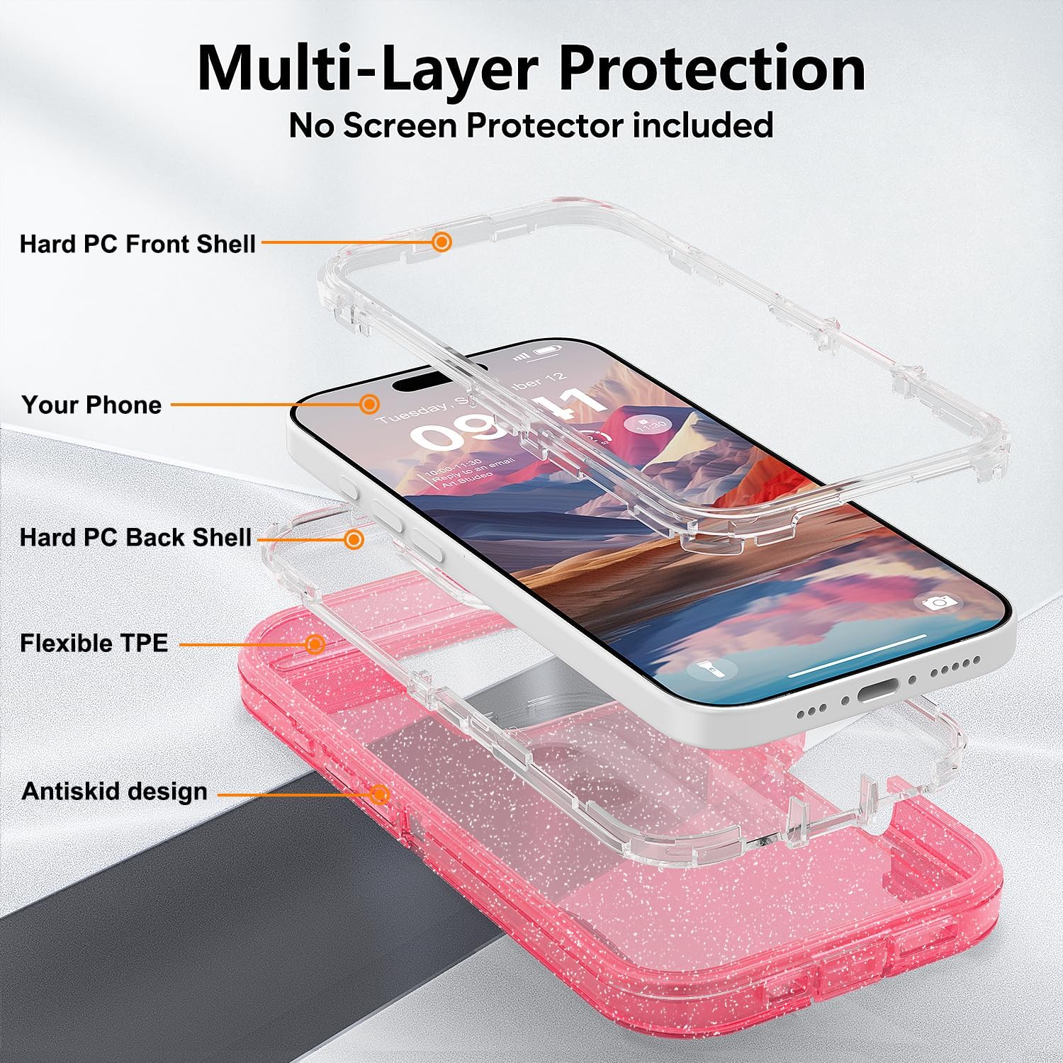 for iPhone 16 Pro Case Clear, Anti-Drop, Transparent, Shockproof, Military Grade Drop Protection, Heavy Duty Protective Phone Case Cover for 16 Pro 6.1", Pink Glitter - Image 2
