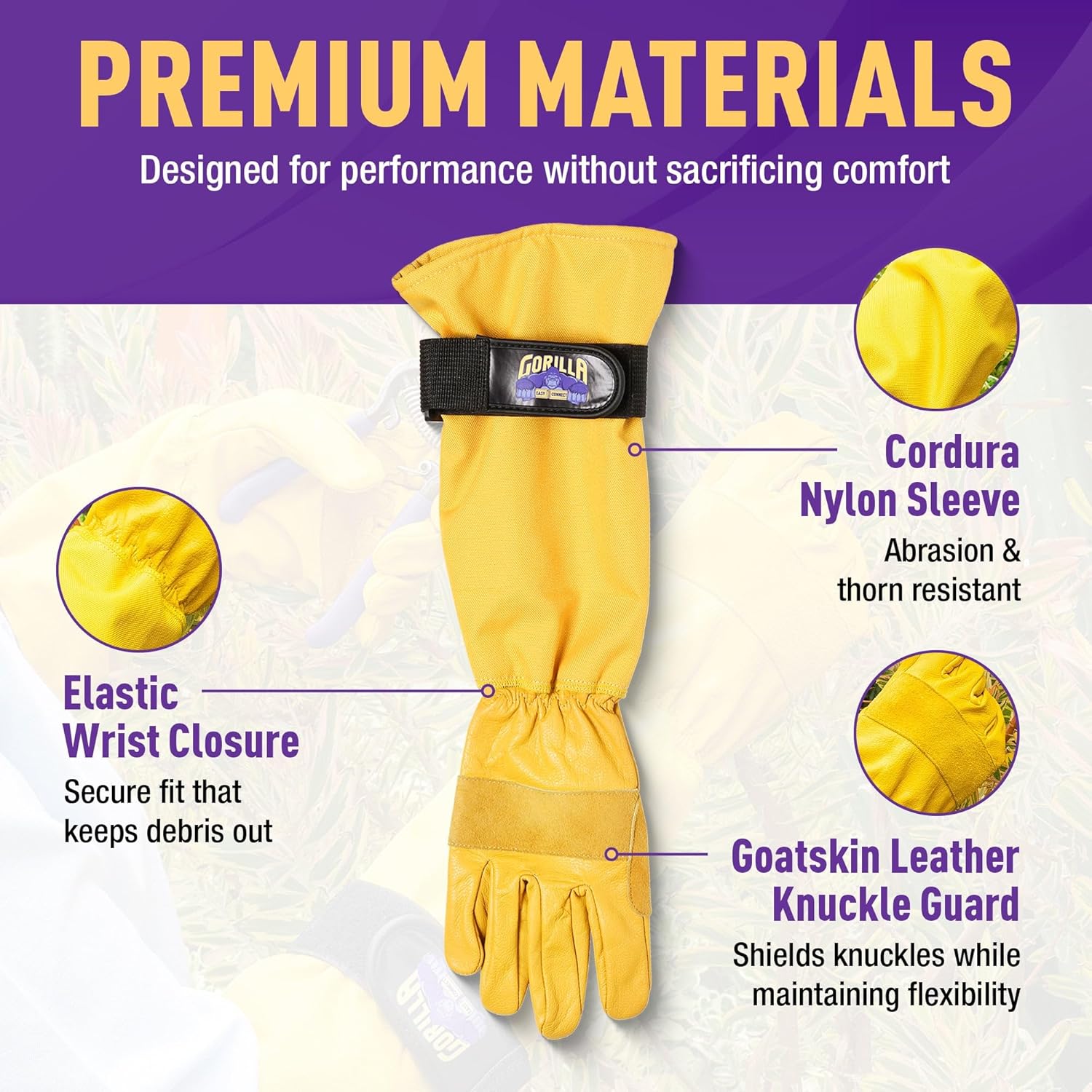 GORILLA EASY CONNECT Gardening Gloves Lightweight Tough Heavy Duty Long Sleeve Leather Pruning Gloves with Adjustable Strap