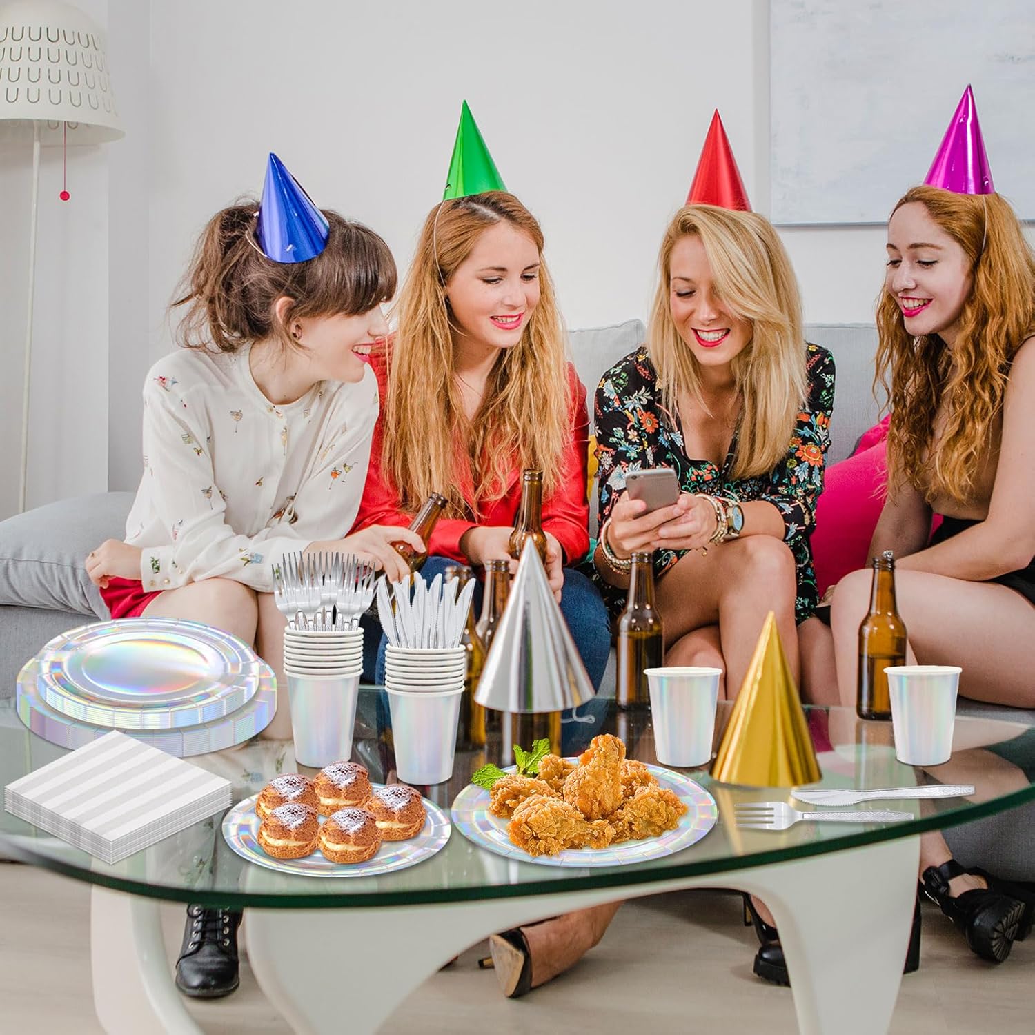 144pcs Iridescent Party Supplies Iridescent Party Tableware Set Serve 24 Guests Includes Holographic Paper Plates Cups Napkins Forks for Baby Shower Mermaid Birthday Party - Image 4