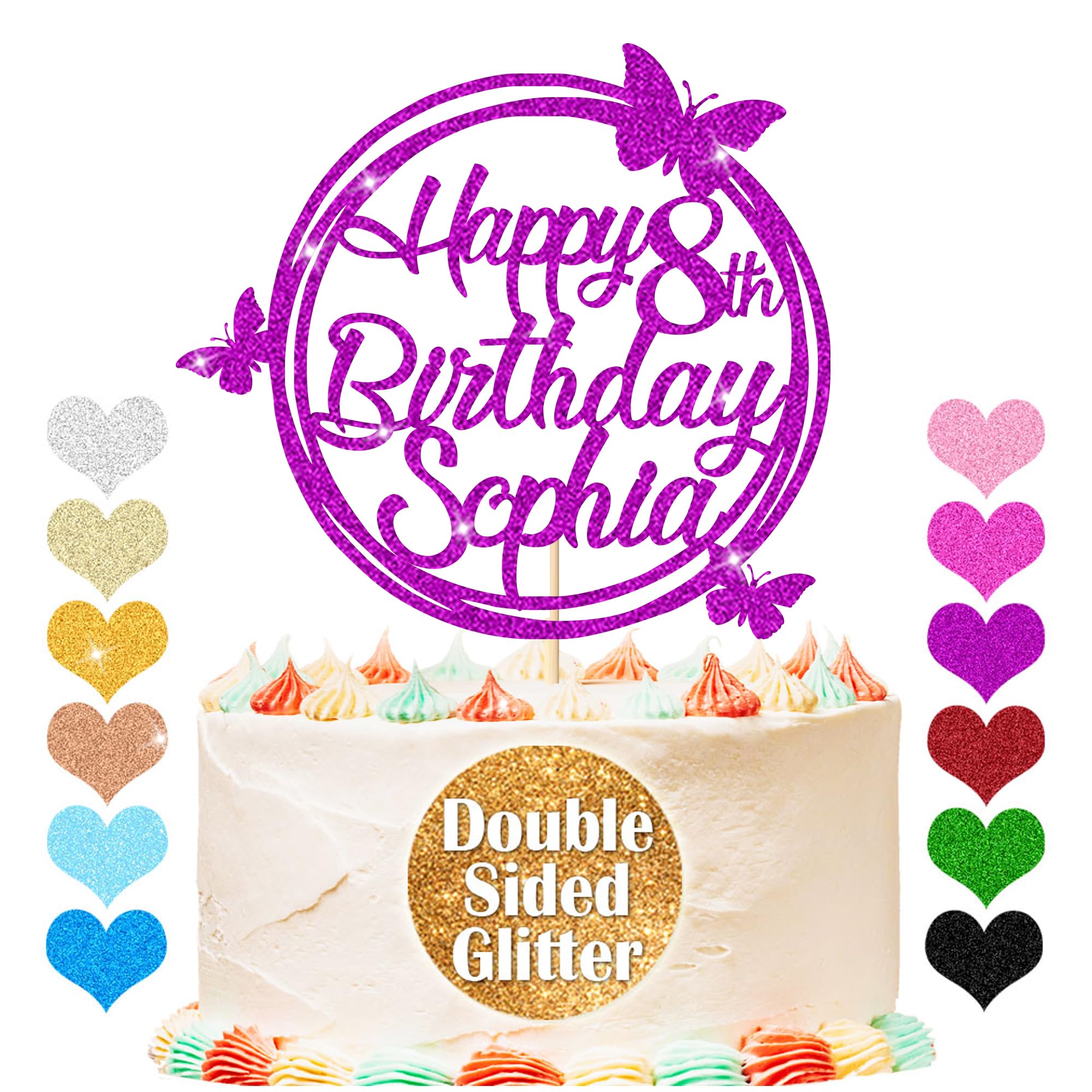 Personalised Happy Birthday Glitter Cake Topper, Custom Cake Topper Any Name & Age, Round Butterfly Cake Toppers, Birthday Party Cake Decorations for 18th 30th 40th 50th 60th 70th (Purple)