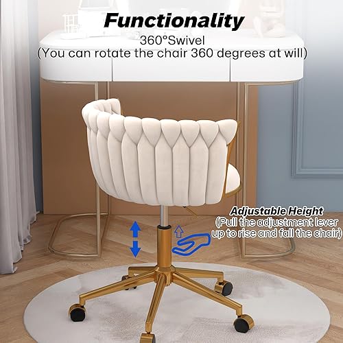 Miniatura 6 de Silla de oficina en casa tejida de terciopelo, moderna silla de escritorio giratoria con ruedas, silla de tocador ajustable en altura con base de