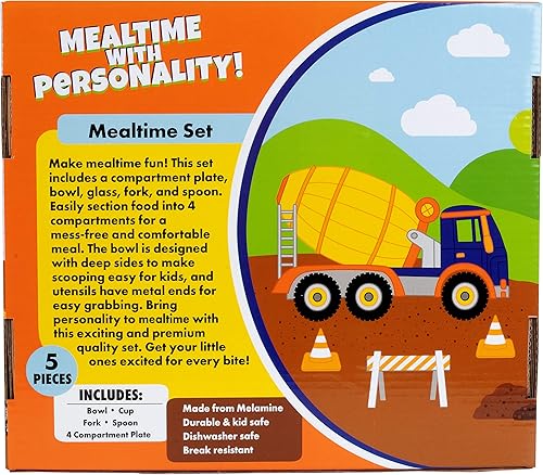 Miniatura 8 de Bentology Juego de 5 piezas con temática de construcción, incluye plato, cuenco, utensilios y vaso, apto para lavavajillas, sin BPA, lindo plato con