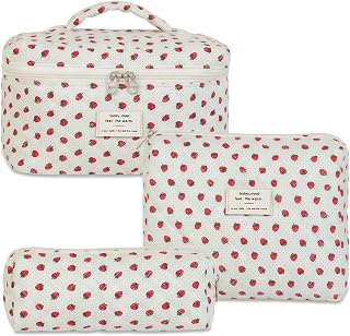 Aucuu Beauty Case 3 Pcs Large Capacity Flowers Makeup Bag Padded Toiletry Bag Travel Cosmetic Bag Soft Cotton Padded Large Makeup Bag Klein (19 x 6 x 8 cm)