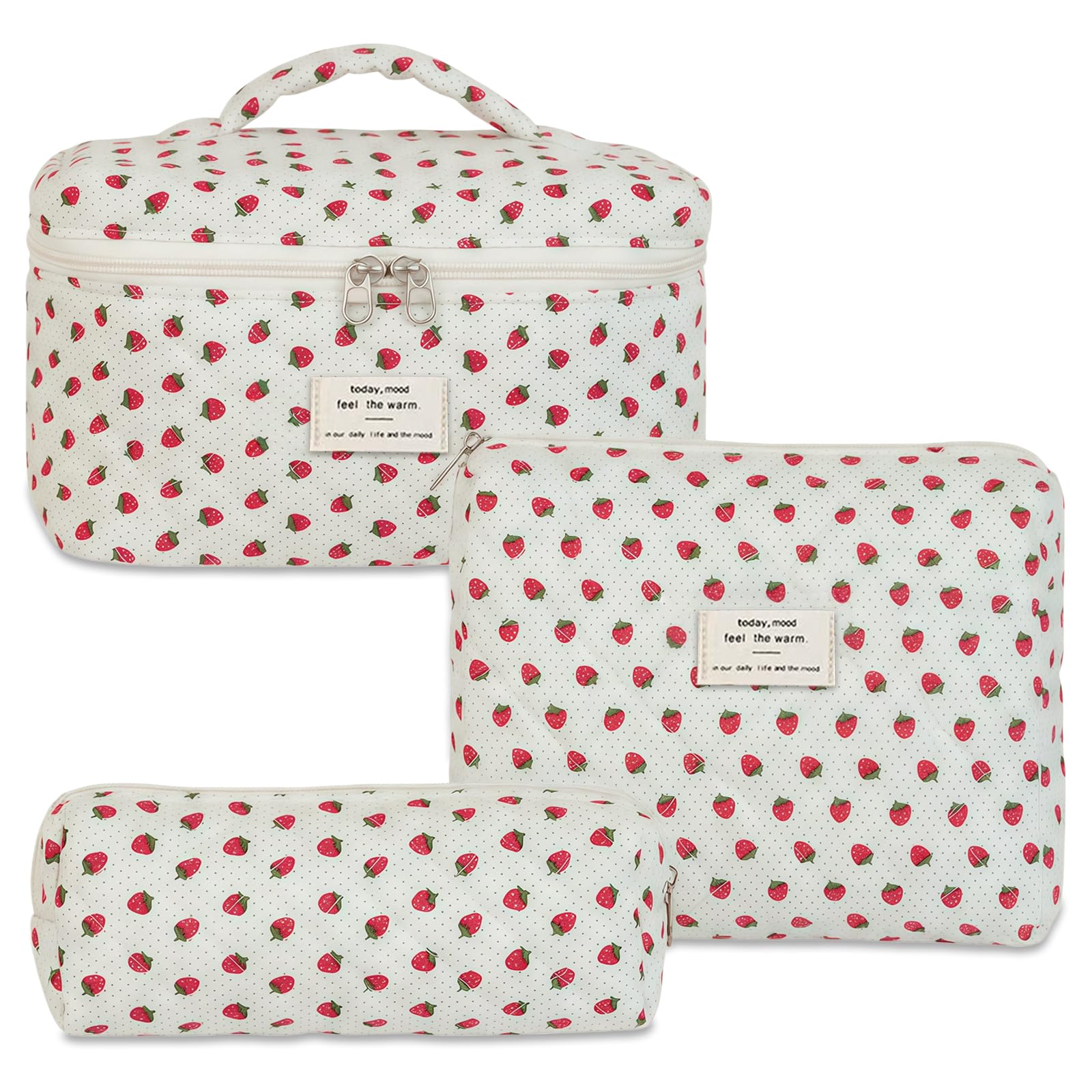 Aucuu 3PC Makeup Bag, Floral Cosmetic Bag, Travel Cosmetic Bag, for Travel Daily Work -Strawberry Floral Print