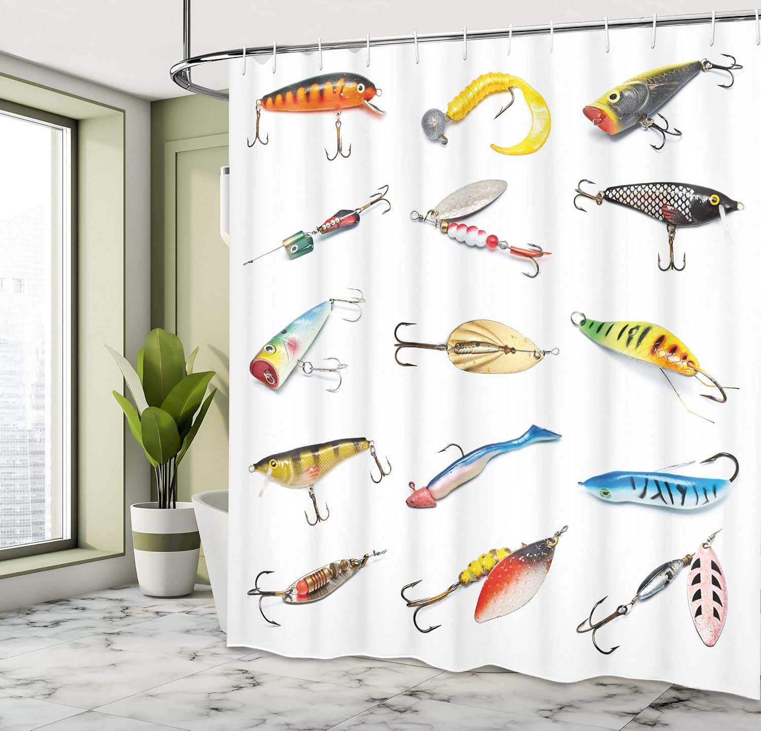 Ambesonne Fishing Shower Curtain, Several Fish Hook Equipment Objects Trolling Angling Netting Gathering Activity, Cloth Fabric Bathroom Decor Set with Hooks, 69" W x 75" L, Multicolor White