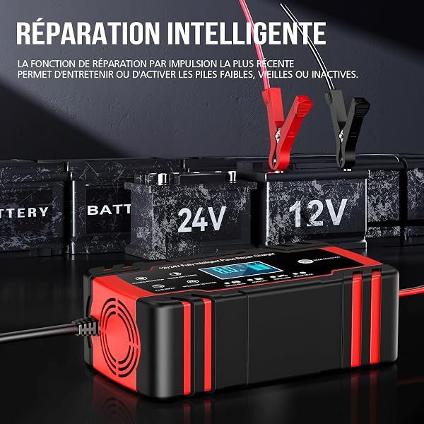 Husgw Chargeur Batterie Voitures 12V/24V 8A, Chargeur de Batterie Intelligent Moto avec Fonction Réparation, Maintien de Charge Auto, Écran LCD, pour Voiture Moto Camion, AGM, Gel, Wet, SLA (4-150 AH) - 5