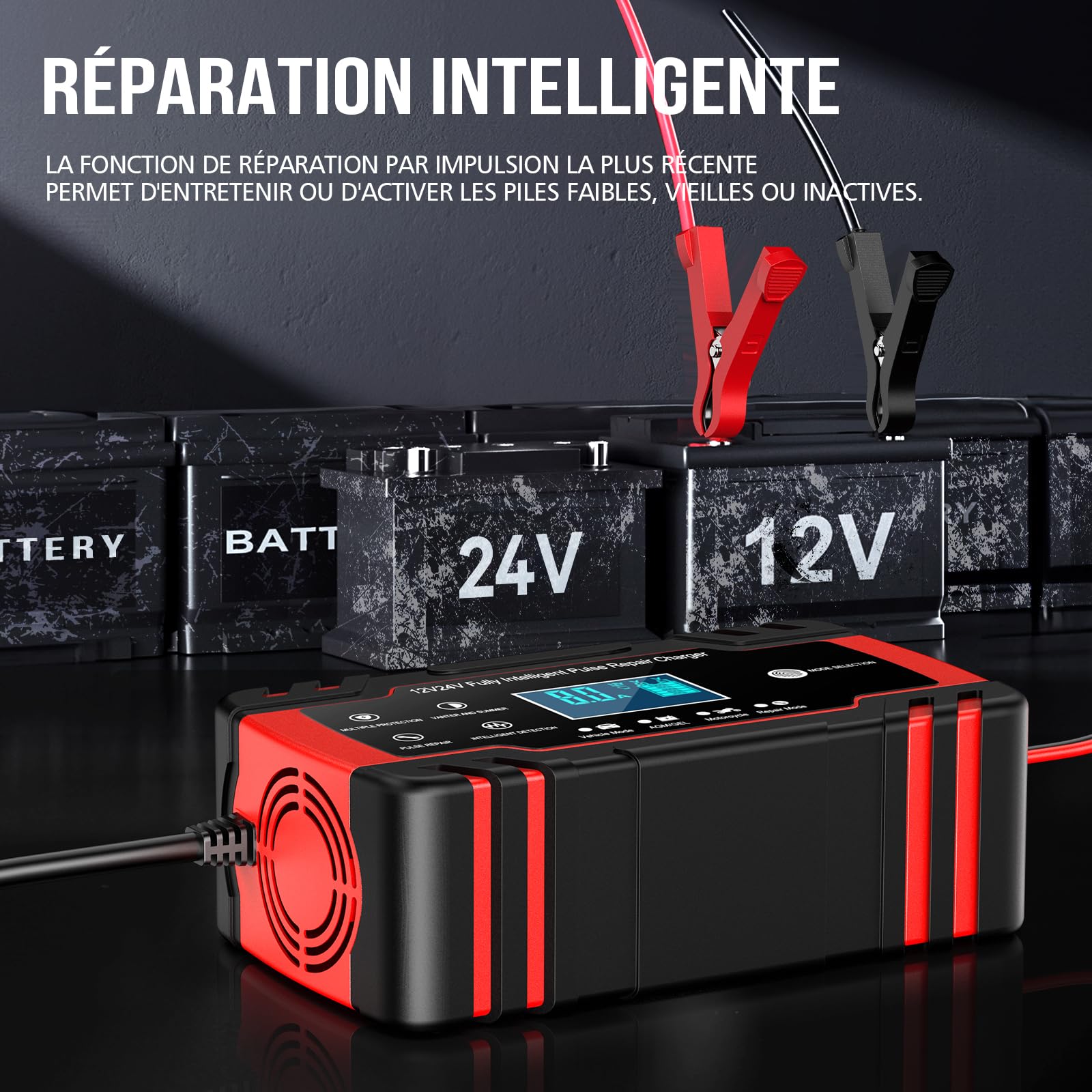 Chargeur Batterie Voitures 12V/24V 8A, Chargeur de Batterie Intelligent Moto avec Fonction Réparation, Maintien de Charge Auto, Écran LCD, pour Voiture Moto Camion, AGM, Gel, Wet, SLA (4-150 AH)
