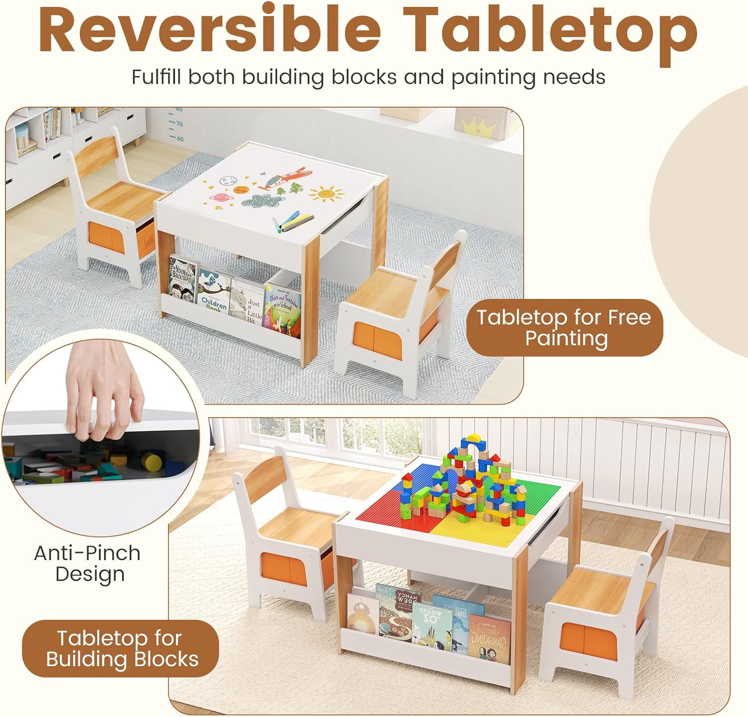 INFANS Kids Table and Chair Set, 4 in 1 Building Block Wooden Activity Desk with Reversible Tabletop Storage Drawers Bookshelves for Toddlers Art Craft Learning Reading Drawing Playroom (Natural)