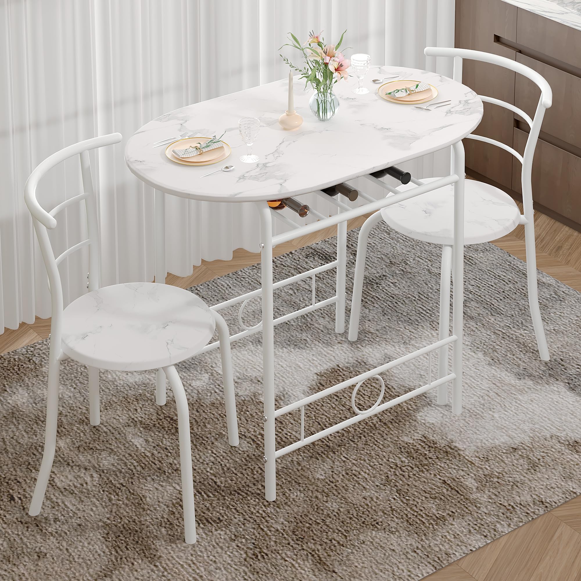 VECELO 3-Piece Dining Table Set for Kitchen Breakfast Nook, Faux Marbled Oval Tabletop and Metal Frame with Built-in Wine Rack, for Small Spaces, White