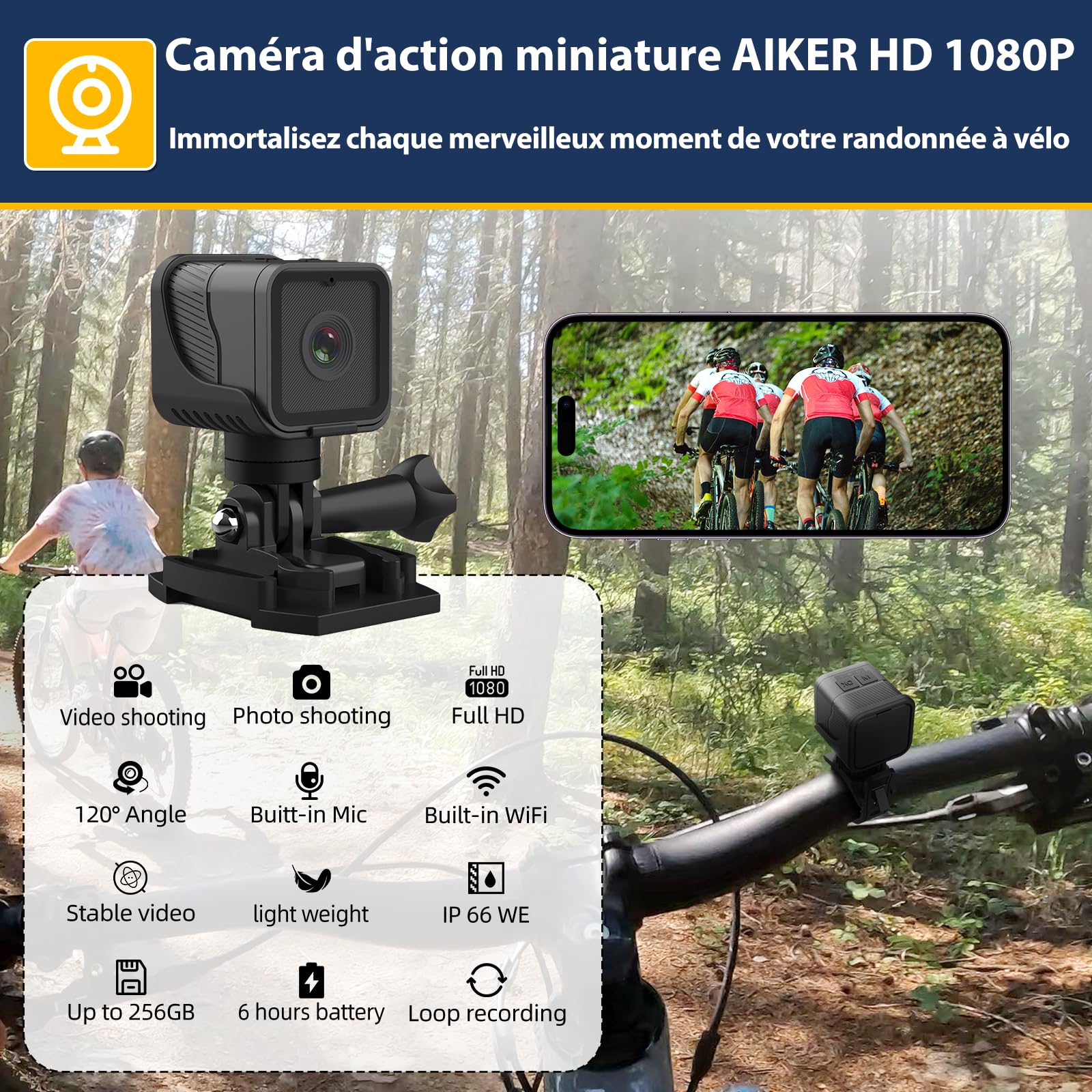 AIKER Dashcam Moto,Version Améliorée WiFi Camera Sport Étanchéité Ip66,1080phd&120°Grand Angle Camera Moto,Calibrage Automatique du Niveau Cameras Casque Velo,Connexion Pratique Large Application