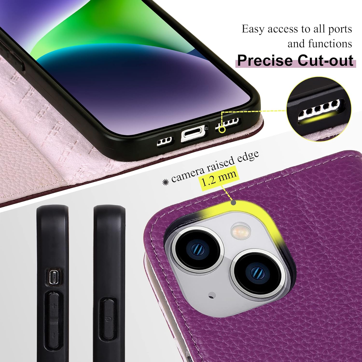 VISOUL Genuine Leather Wallet Case for iPhone 14, Pebbled Leather Magnetic Flip Folio Cover with Card Holder Kickstand Compatibe with iPhone 14 (6.1 inch)-Purple+Light Purple