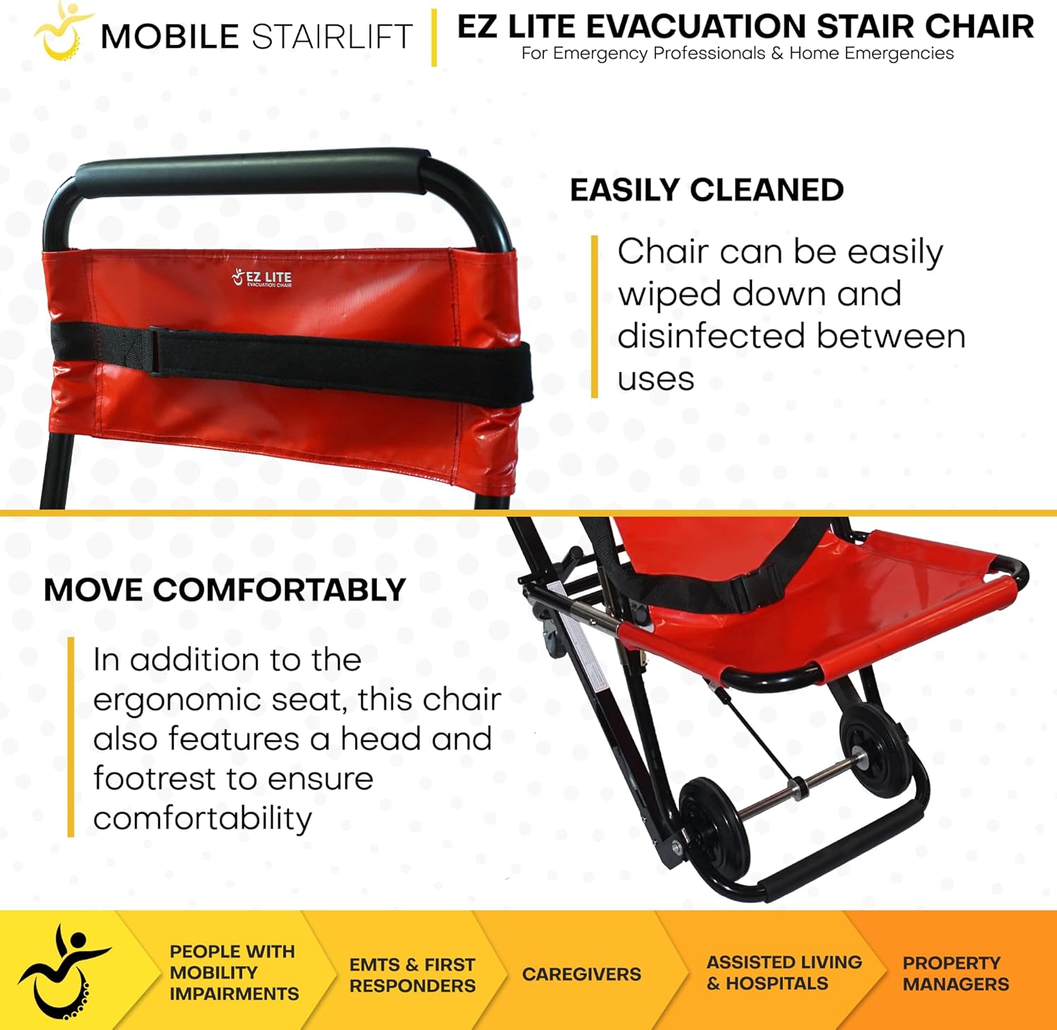 Two EMTs assisting a patient into the EZ LITE Evacuation Stair Chair