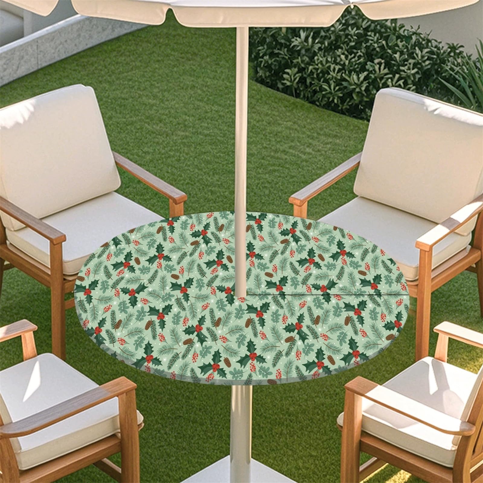 Muiuou Elastic Edge Fitted Round Tablecloth Protector Waterproof Outdoor Circle Tablecloth with Parasol Hole and Zipper, Wipe Clean Table Cover for Garden BBQ Party (Style 3,S(31-35inch)) — image 1