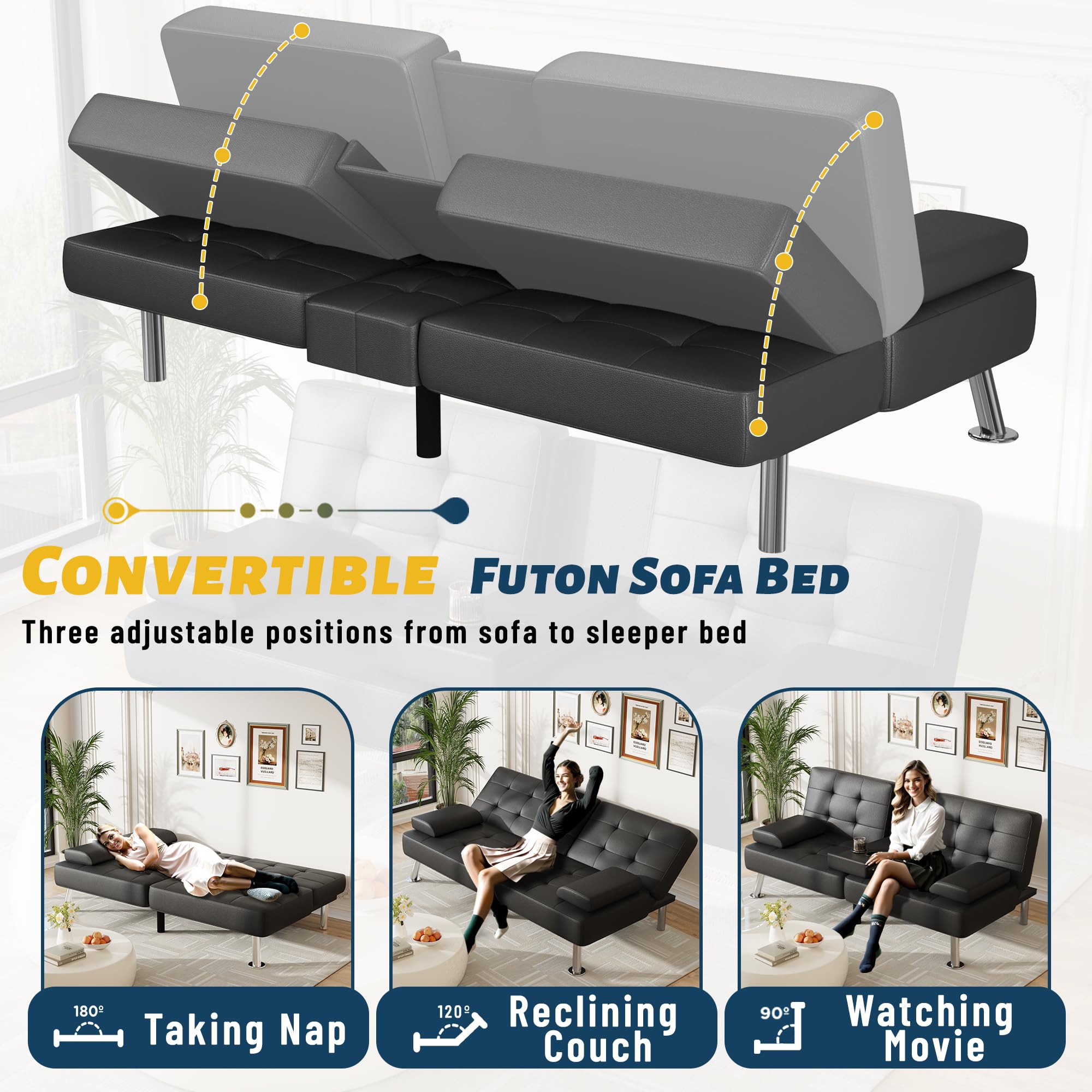 Furmax Leather Futon Sofa Bed, Adjustable Futon Couch for Living Room | Sleeper Sofa Bed with 2 Cup Holders, Reclining Futon Loveseat for Apartment, Business Office & Small Spaces | Black