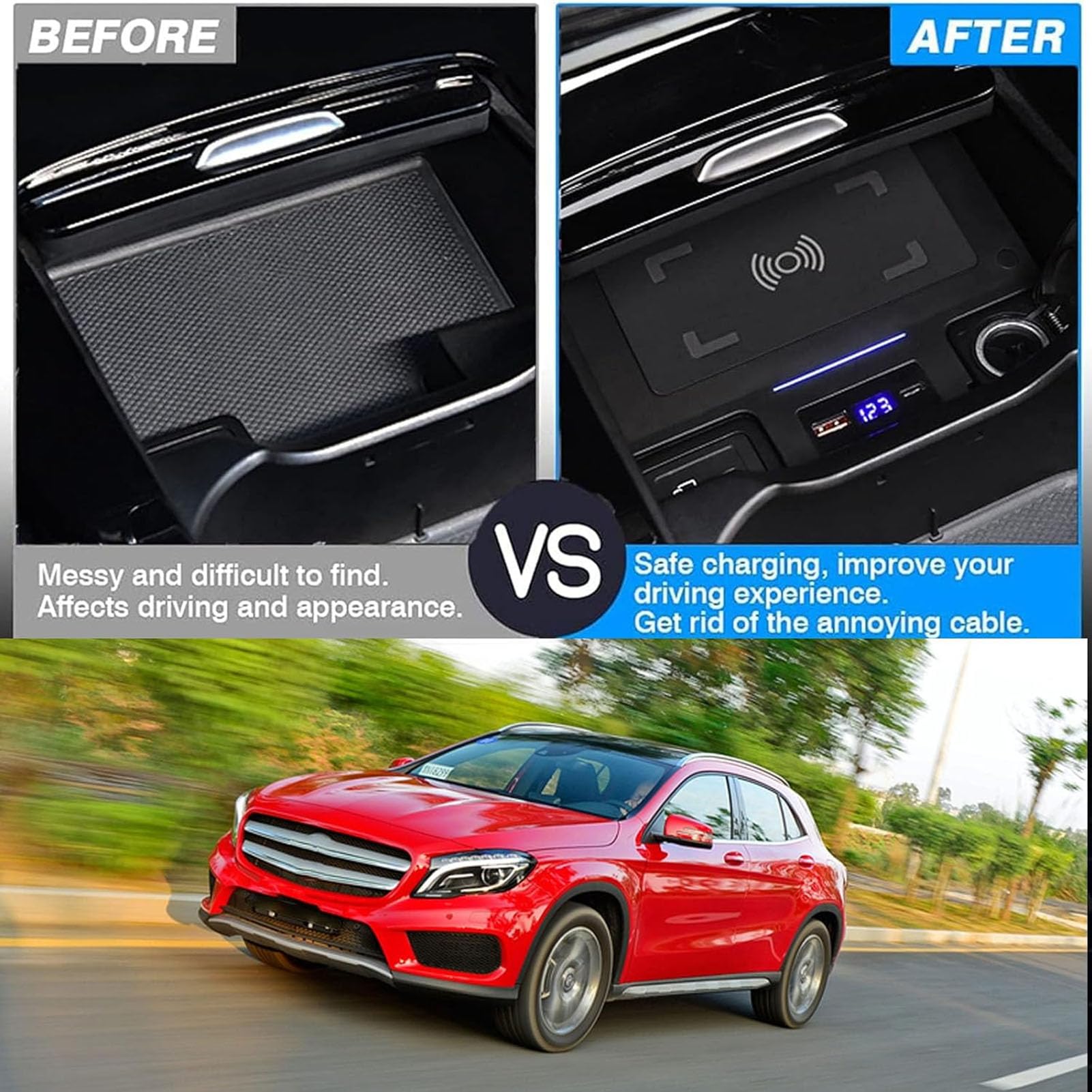 Cargador De Coche Inalámbrico para Mercedes-Benz Clase A GLA GLB 2019 2020 2021 2022,Cargador De Teléfono Qi De 15 W,para Cualquier Teléfono Compatible con Qi