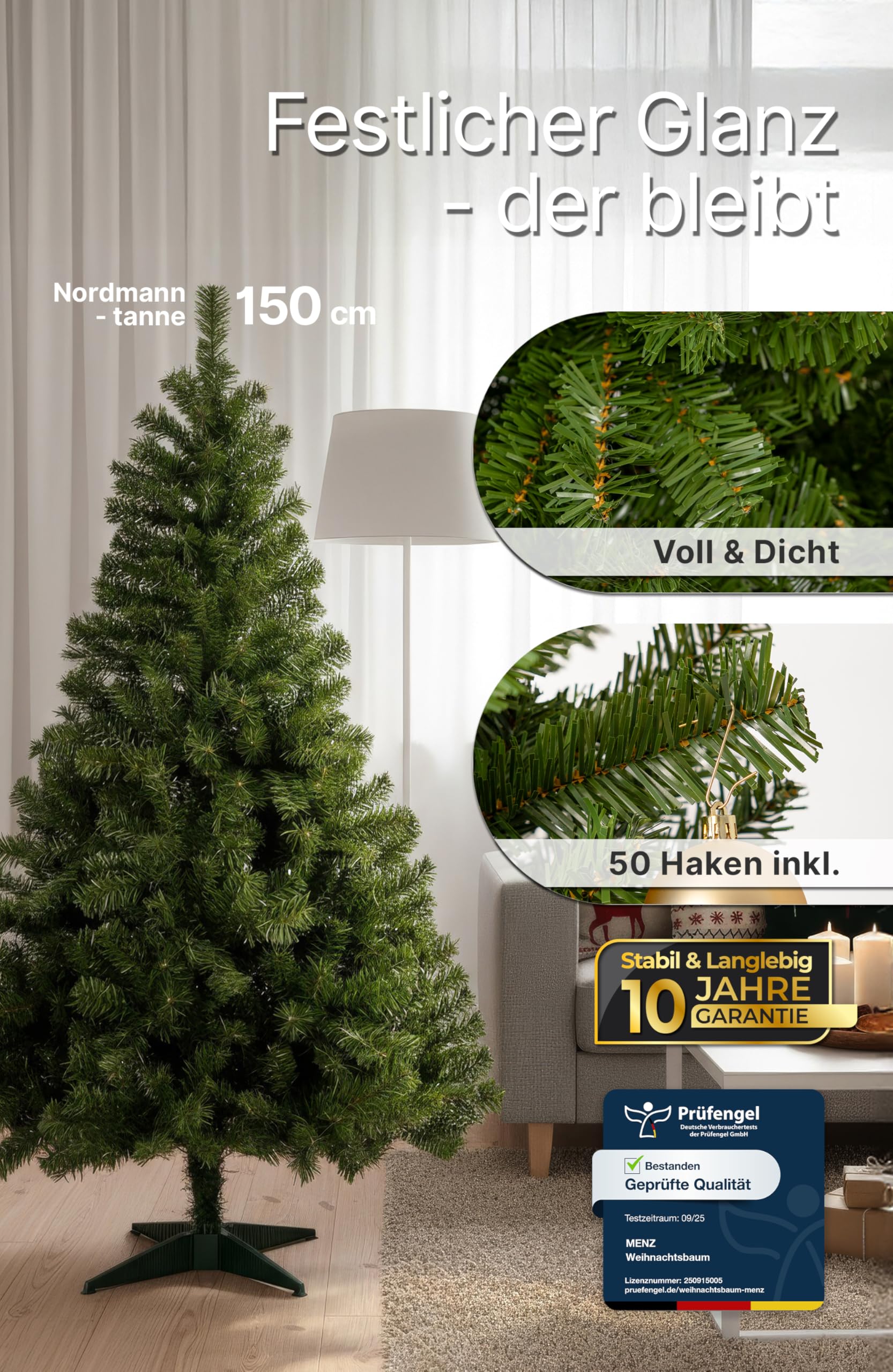 160 cm Künstlicher Weihnachtsbaum aus 100% PVC – Dicht & Formstabil mit 600 Zweigen, Schnellaufbau-System, Schwer Entflammbar