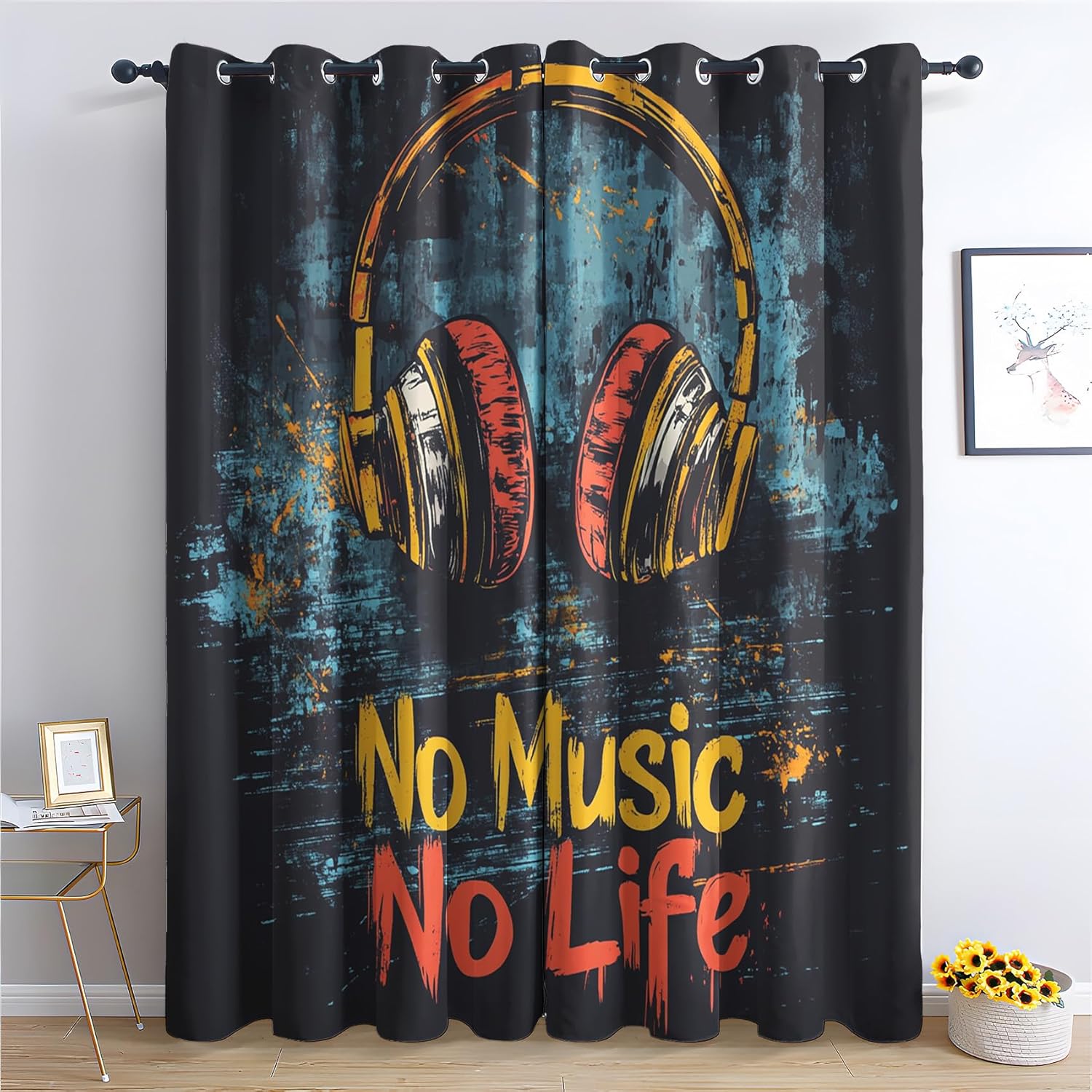 Electric Guitar Galaxy Patterned Blackout Curtains for Bedroom, Living Room Decor, Room Darkening Thermal Insulated Grommet Drapes, Rock and Roll Window Treatments, 84 Inch Curtains 2 Panel Set