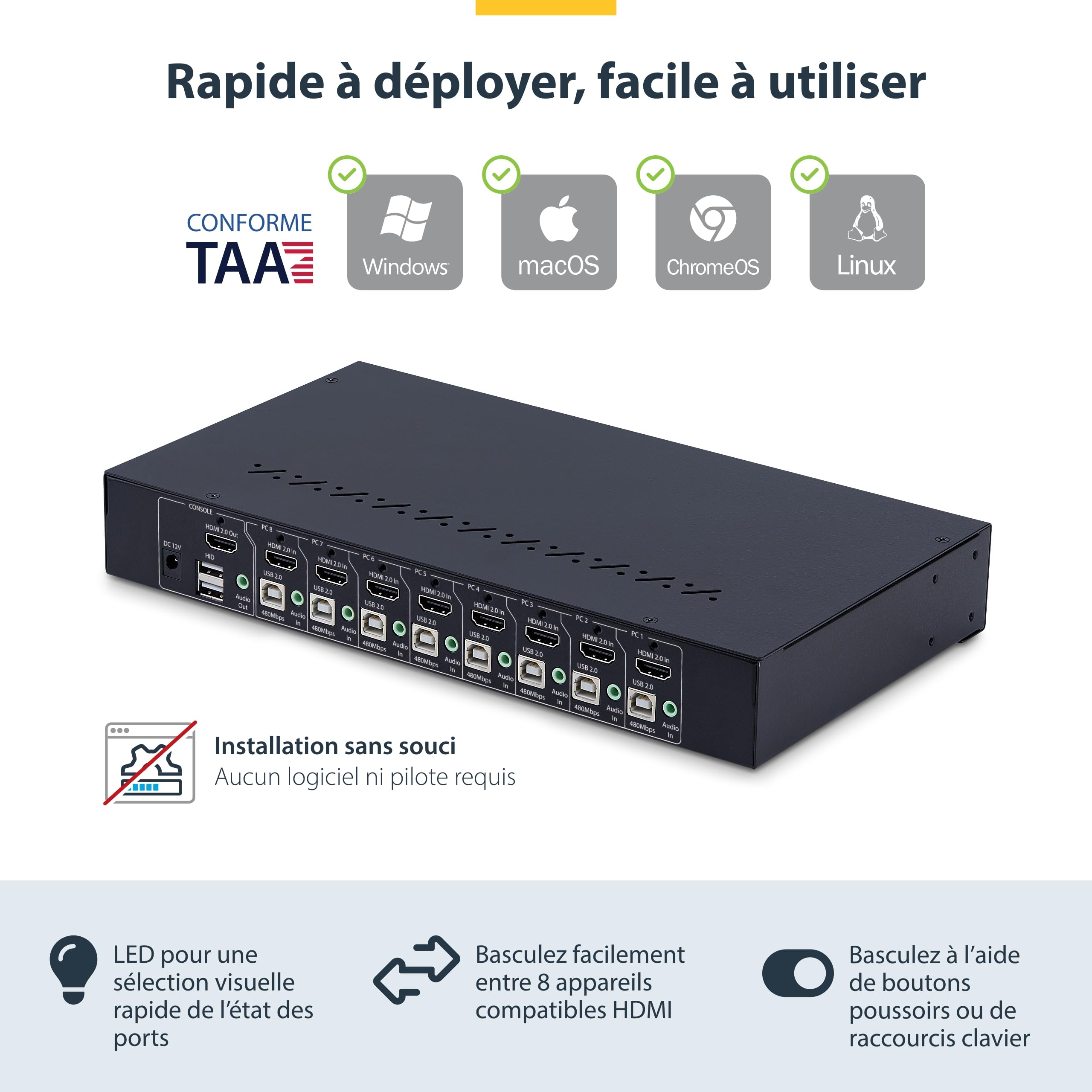 StarTech KVM HDMI 2.0 8 Ports, 4K 60Hz, Montage Rack 1U, Hub USB