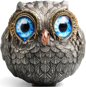 Mini Owl Figurine, Antique Silver Resin, 1.6 inch, Bookshelf Decor | Antique silver resin, 1.6 inch, Big blue eyes design, Layered feather detail, For bookshelf or desk, Owl gifts for women