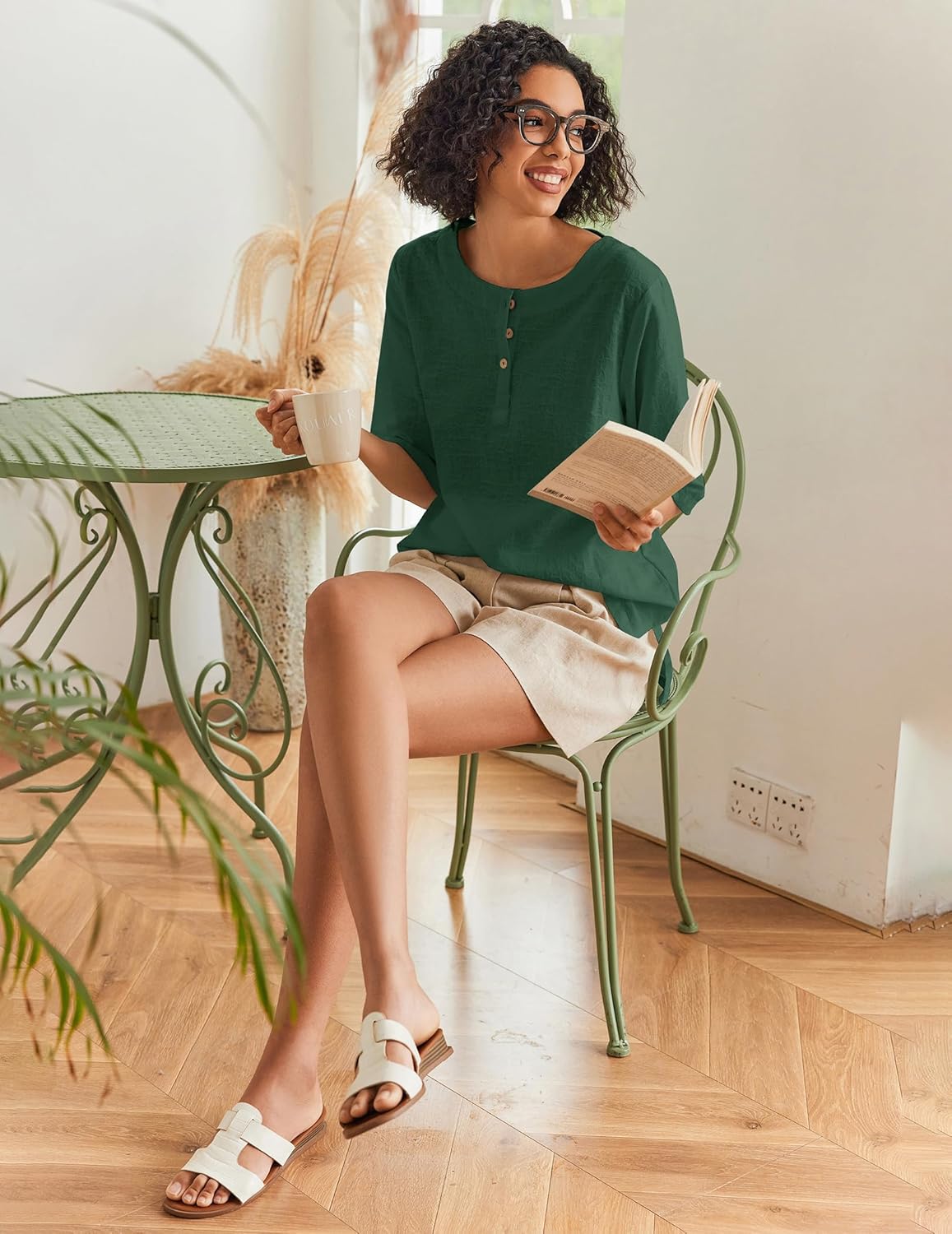 Linen Tops for Women 3/4 Sleeve Crew Neck Cotton Shirts Casual Jacquard Boho Blouse - Image 4