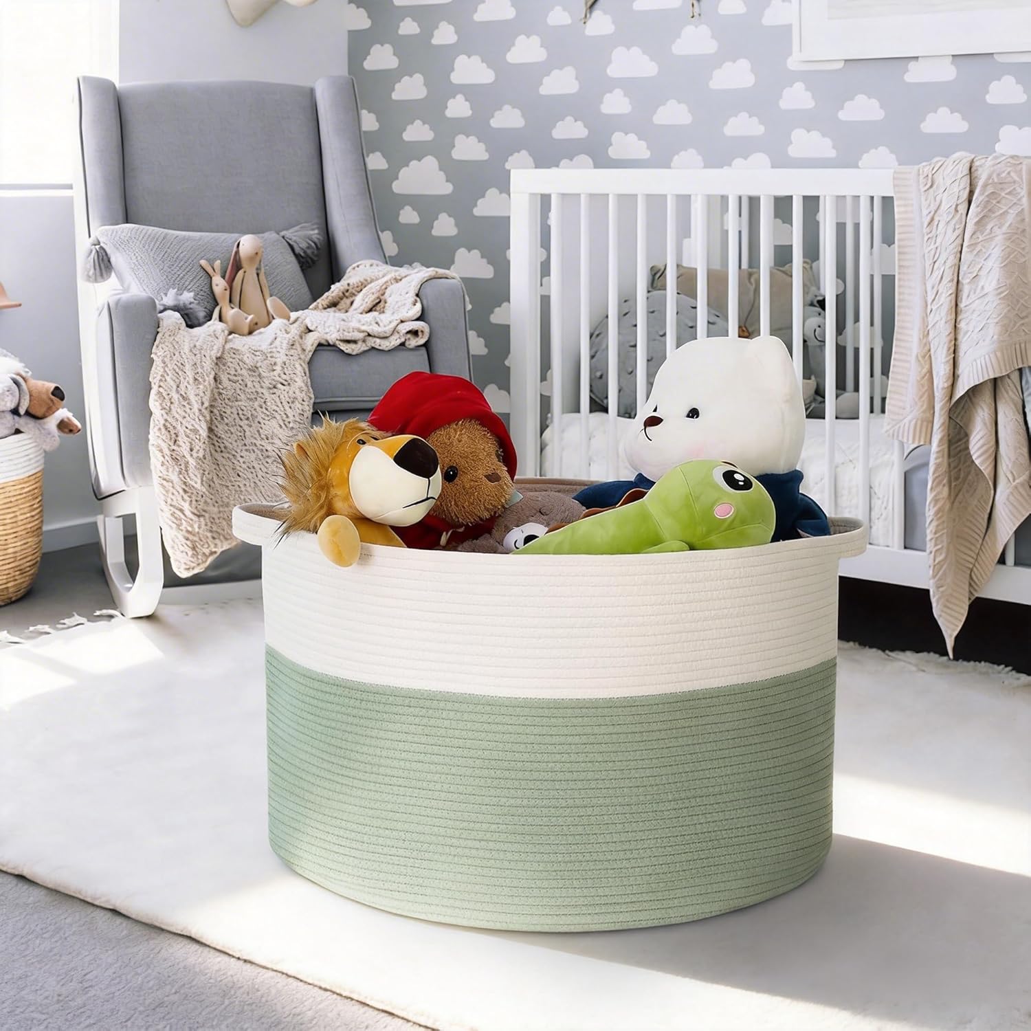 MEGASKET Extra Large Blanket Basket, 22" X 22" X 14" Kids Dog Toy Storage Bin Box, Nursery Baby Toddler Toy Organizer, Soft Cotton Rope Woven Bin, Large Basket for Blankets for Living Room, Green