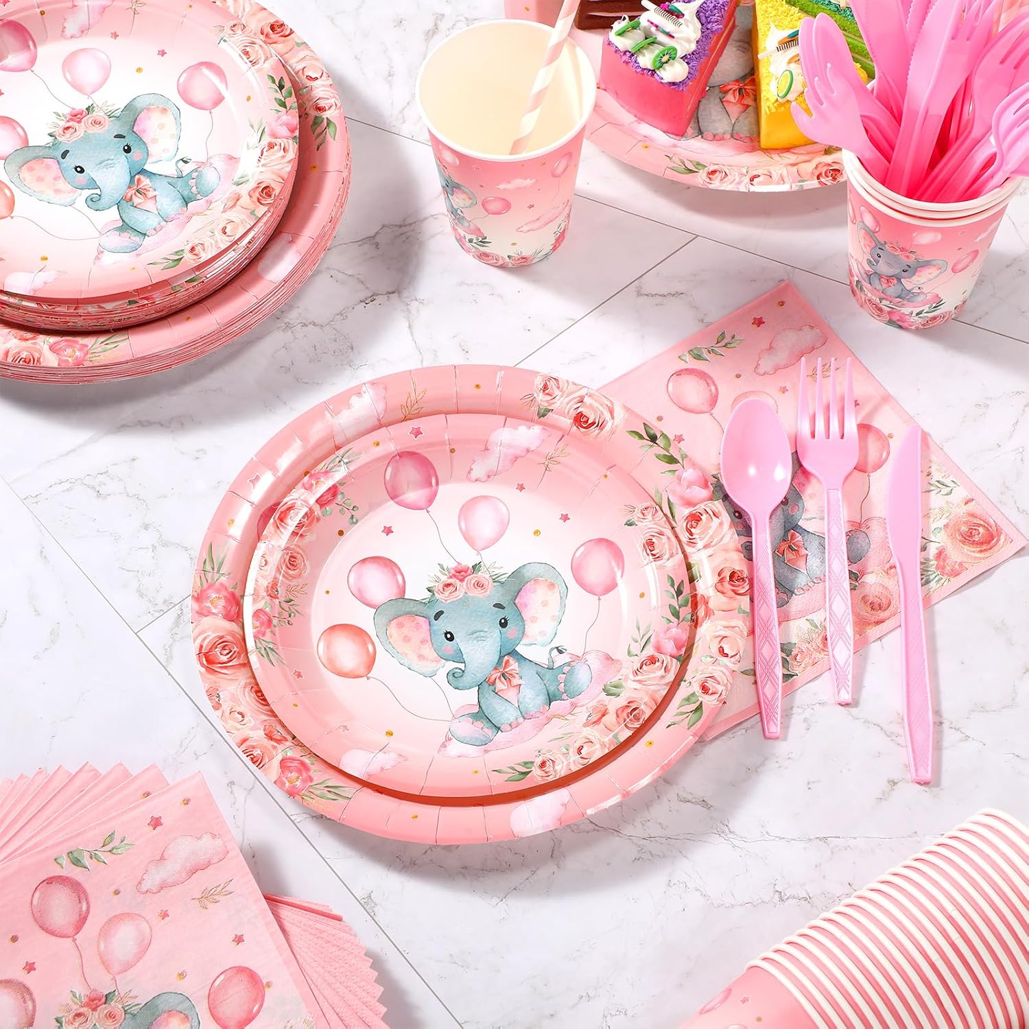 Spakon 200 Pcs Baby Shower Decoration Elephant Party Paper Plates Napkins Cups and Tableware Straws Set for 25 Guests Boys Girls Elephant Birthday Gender Reveal Party Favors(Pink,Adorable Style)