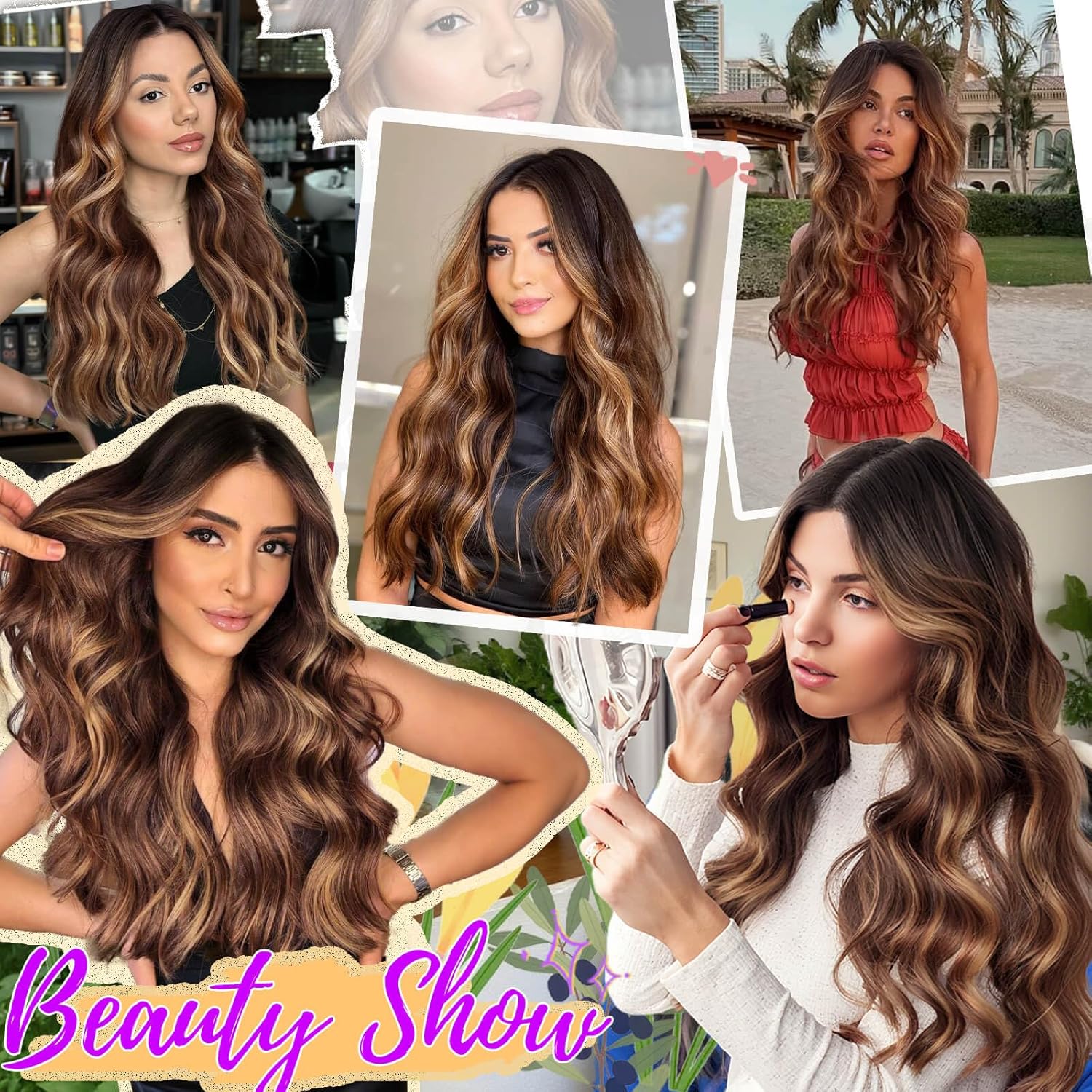 Brown Highlight Long Wavy Wig for Women, Pre-Cut HD Lace Natural Hairline, Glueless Middle Part, Synthetic Fiber for Daily and Party Use 18Inch