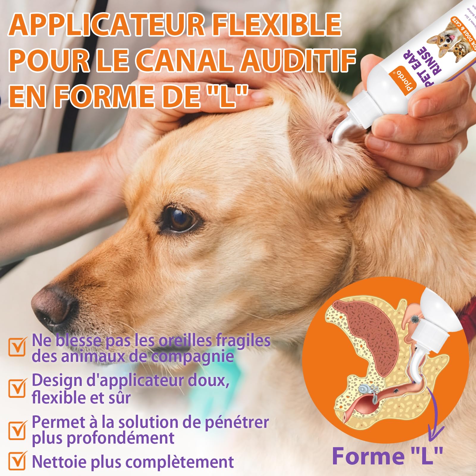 Kit de nettoyant pour oreilles de chien Pjordo - Nettoyant pour oreilles de chien avec aloe vera et hamamélis, lingettes pour doigts pour oreilles de chien et solution nettoyante pour oreilles pour
