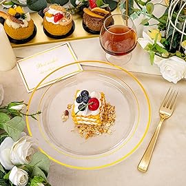 I00000 60PCS Clear Gold Plastic Plates, Clear Plates With Gold Rim 10 Inch,Fancy Disposable Wedding Plate Heavy Duty Plastic Plate for Wedding Birthdays Thanksgiving Party