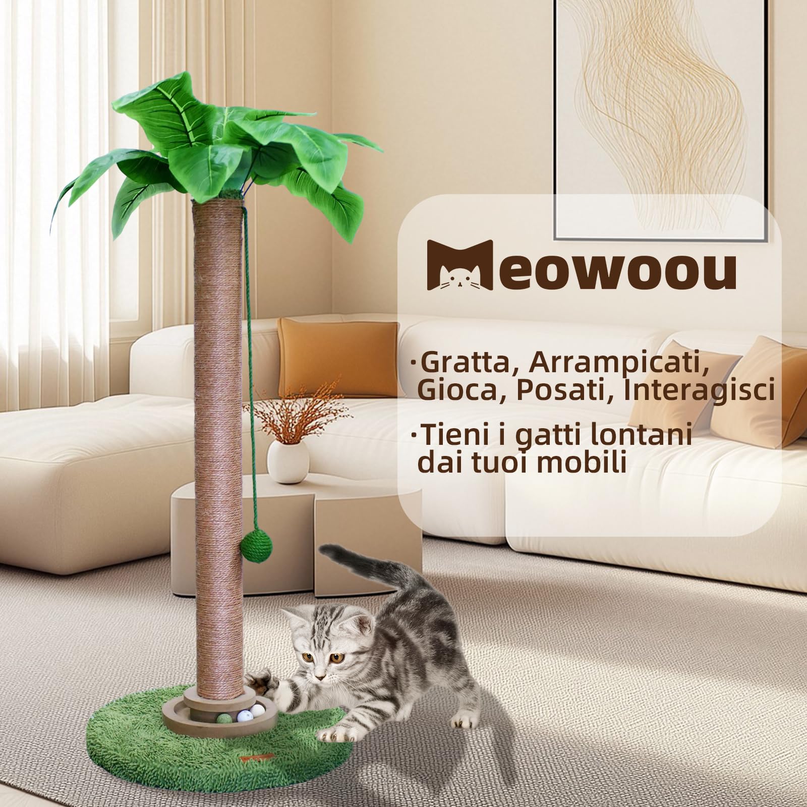 Meowoou Tiragraffi per Gatti, Alto 84 cm con Corda in Sisal per Gatti Da Interno Adulti Graffiatoio in Carino per Gattini Verde Palo, Dotato di Pista con Palline