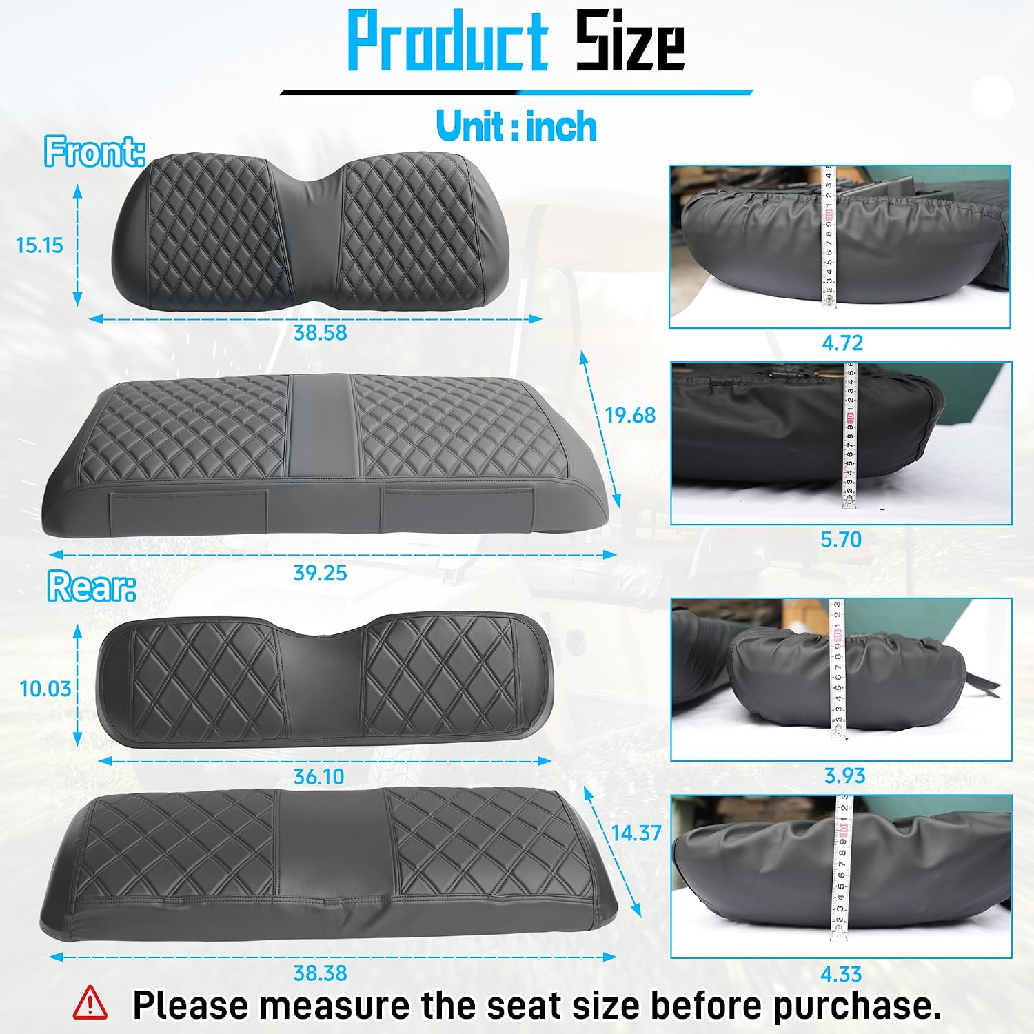 Golf Cart Front and Rear Diamond Seat Covers Kit Fits Club Car Precedent 2004-UP，Waterproof and Sun-Resistant Vinyl Leather seat Covers，Black(4PCS)