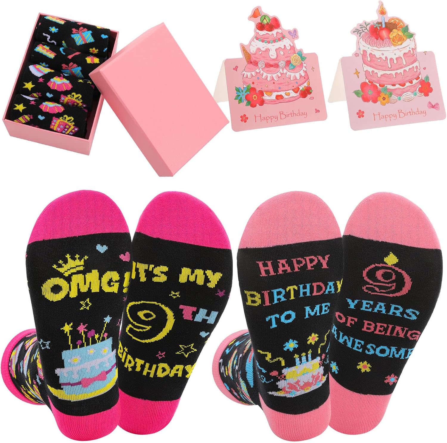 Birthday Socks Gift Set for 8 9 10 Year Old Girls 2 Pairs Cake Balloon Designs Pink Socks with Gift Box and Cards