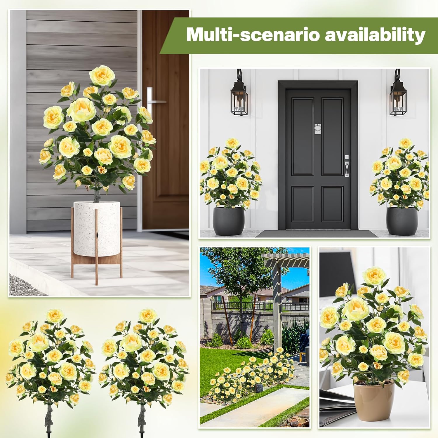 2 Pack 3ft Artificial Camellia Plants Tree 36" Faux Camellia Flower with Spike UV Resistant Realistic Fake Floral Blooming Bush for Indoor Outdoor Front Door Porch Backyard Garden, Yellow