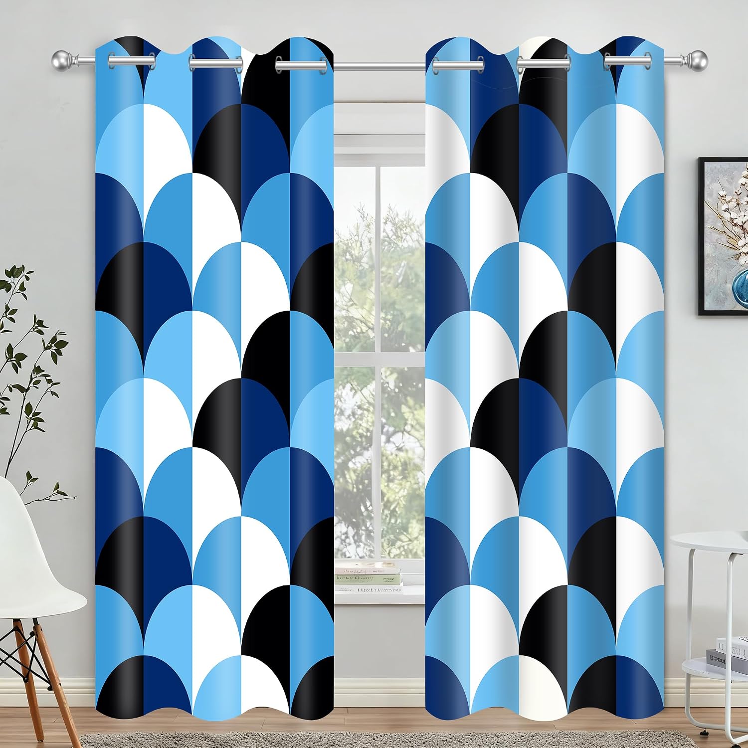 Modern Geometric Blackout Curtains Abstract Blue Black White Circle Patterned Grommet Window Drapes for Bedroom Living Room 2 Panels 42x84 Inch