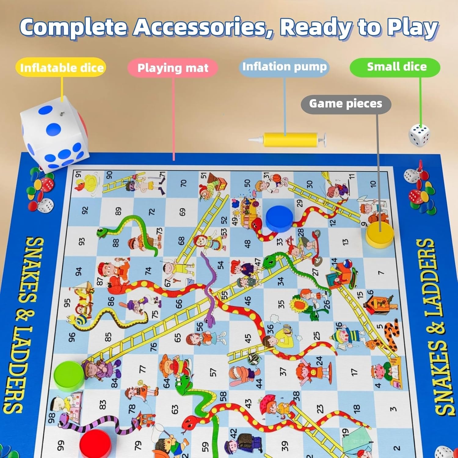 Snakes and Ladders Board Game for Kids and Adults - Extra-Large 5.8 ft Indoor Outdoor Floor Game Mat with Inflatable Dice and Game Pieces, Educational Birthday Toy for Boys and Girls Ages 3+